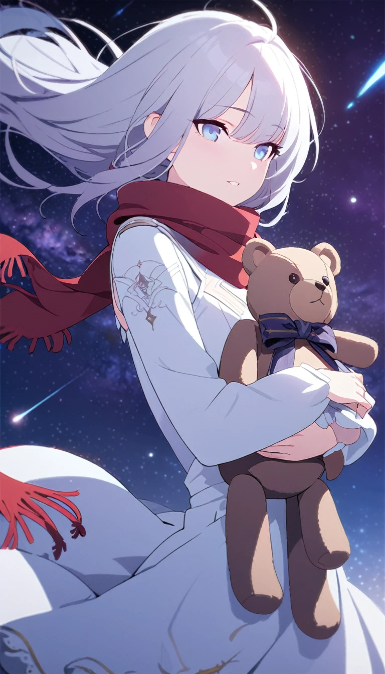 (((masterpiece))), (((best quality))),(((high detail))),light manipulation, girl with long silver hair, gradient purple to sky blue eyes, wearing a white dress, a red scarf, galaxy background, holding a teddy bear, feet, no footwear