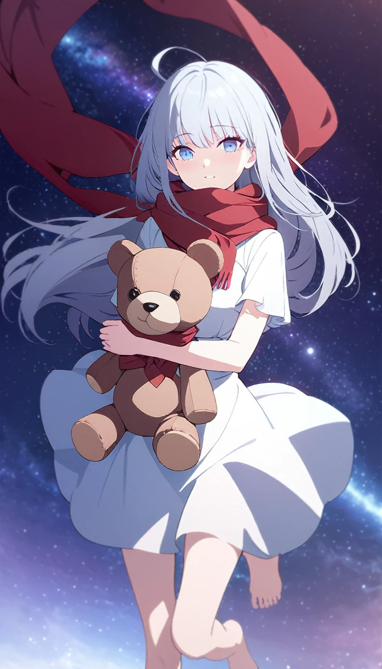 (((masterpiece))), (((best quality))),(((high detail))),light manipulation, girl with long silver hair, gradient purple to sky blue eyes, wearing a white dress, a red scarf, galaxy background, holding a teddy bear, feet, no footwear