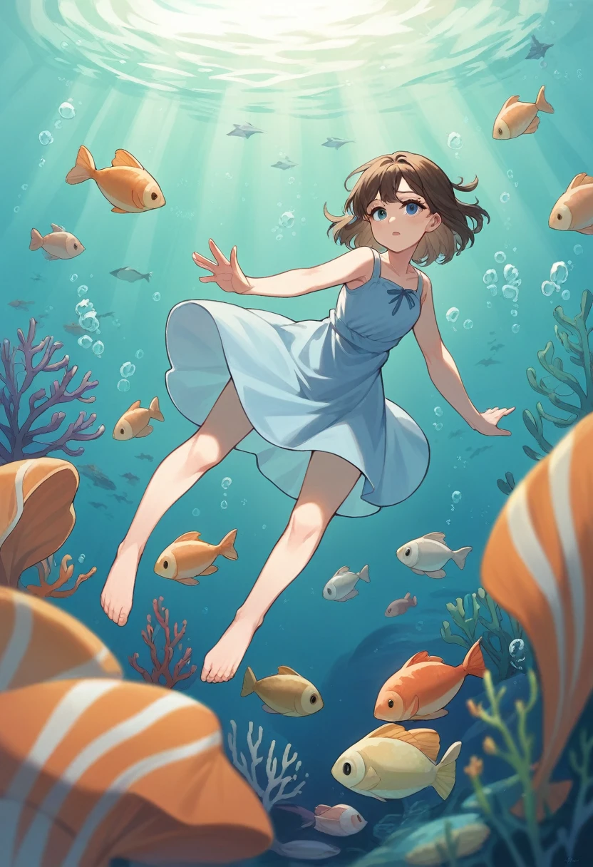 high quality , best masterpiece ,old girl ,brown hair , blue eyes , light blue sundress , underwater background