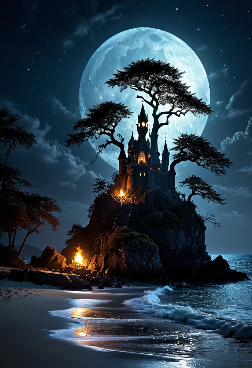 arafed, dark fantasy art, goth art,  an award winning digital picture, National Geographic picture of a dark mysterious island at night, it is night time, a dark island, dark gloomy beach, skull on the beach, some large ancient trees, a dark castle, lit with torches, necromancy magic, full moon, some stars,  Ultra-high resolution, High Contrast, (masterpiece:1.5), highest quality, Best aesthetics), 16K fantasy art, best details, best quality, highres, (ultra wide angle: 1.2), 16k, [ultra detailed], masterpiece, best quality, (extremely detailed), ladyshadow