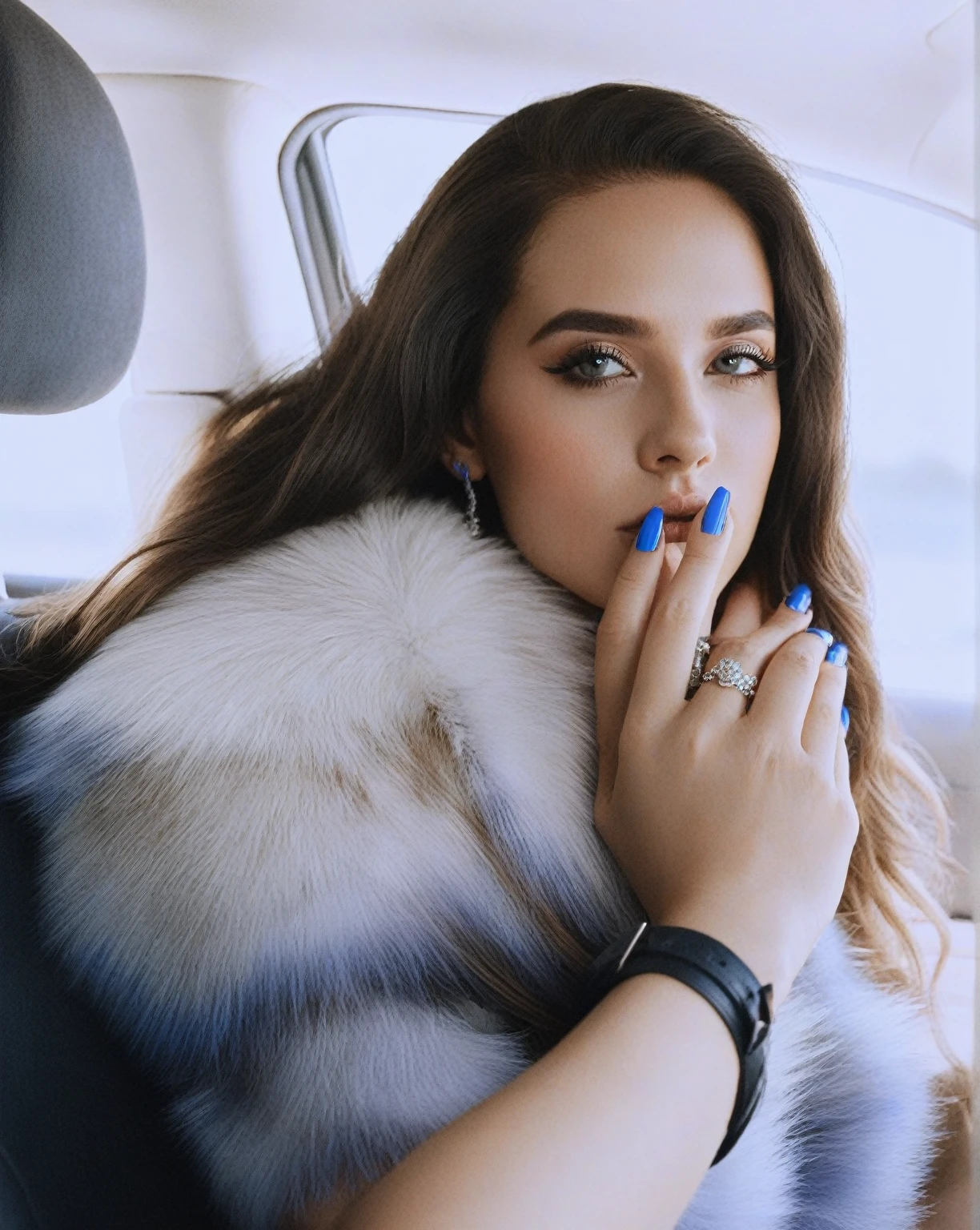 Woman with long hair and blue nails sitting in a car., King&#39;s wool, a portrait of King&#39;s wool, with cigarette, smoking, by Anita Malfatti, sitting in her car, In the style of Petra Collins, in the style of juergen teller, cigarette, inspired by Nan Goldin, inspired by Elsa Bleda, by Amelia Peláez, cigarette between fingers