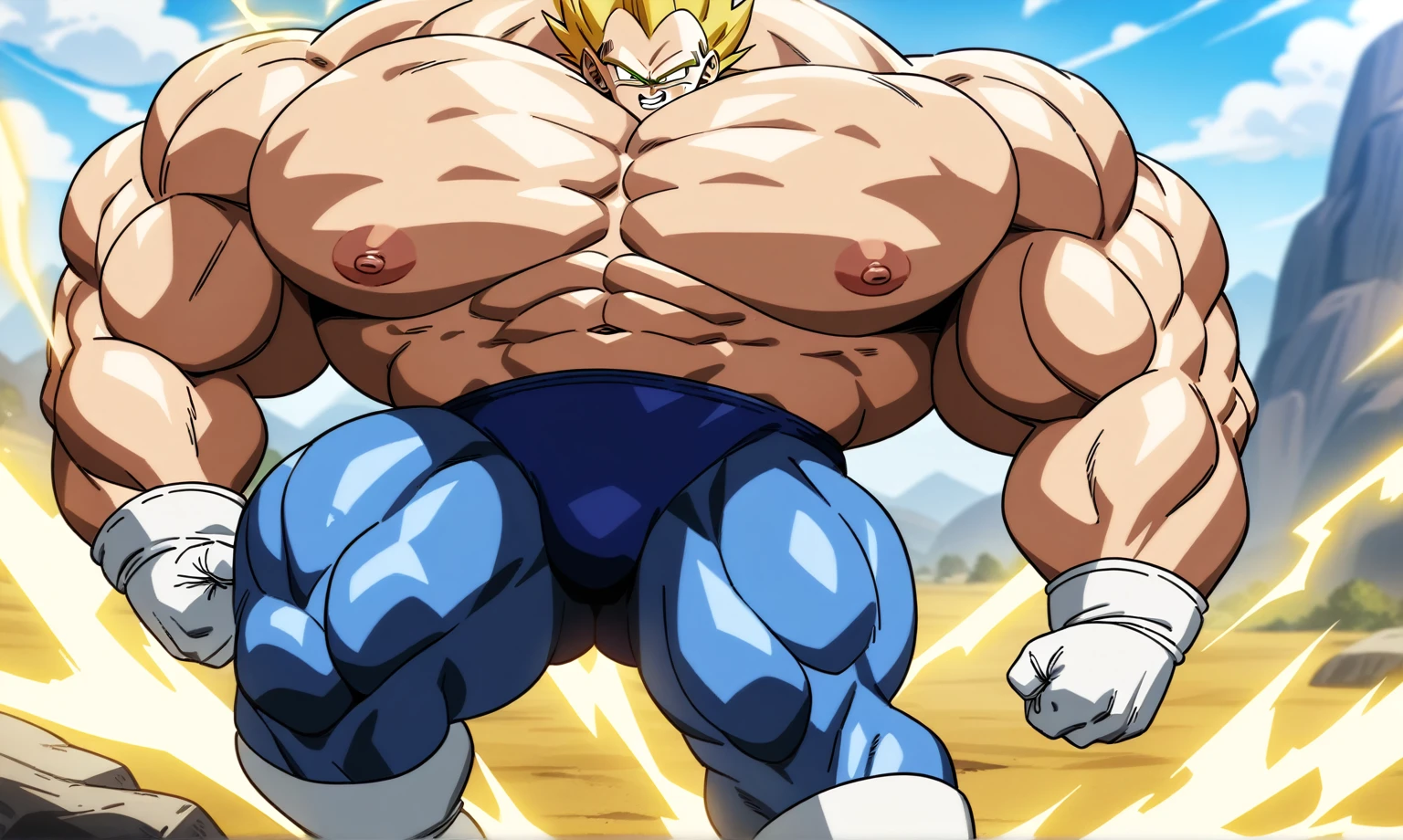 1boy, Vegeta, from Dragon Ball Z, masterpiece, best quality, very aesthetic, absurdres, saiyan, green eyes, spiked hair, (yellow hair:1.5), shirtless, blue skintight pants, white gloves, (huge muscles:1), dragonballartstyle, in the style of Akira Toriyama, white tiled floor, outdoors, flat-top mountains, nipples, yellow aura, electricity