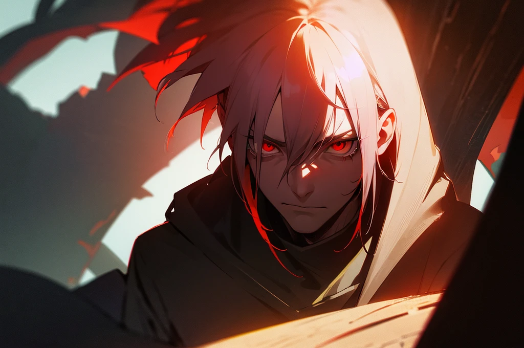 red eyed man is afraid to leave shadows of a cave, he is afraid of sunlight, detailed face, 8K, max resolution,