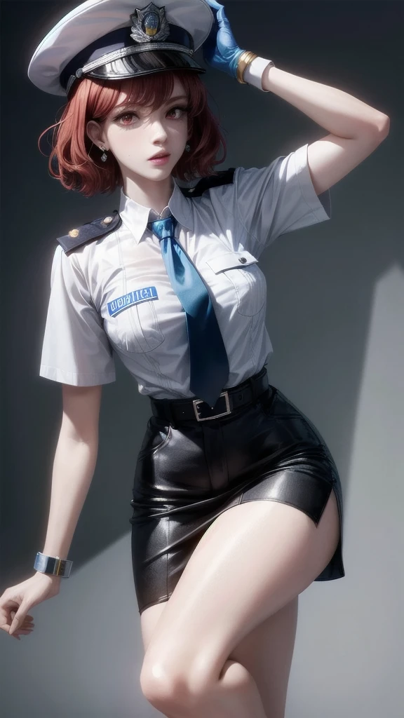 Masterpiece, best quality, (detailed face), realistic art, kousaka honoka, face makeup,big eyes, eyes makeup,blue eyes, orange hair, flying hair,(smile:0.7),(lips:0.6) ,white shirt,half sleeves,earrings, perfect lightning, low-leg pencil skirt, midriff, necktie,ahoge , spread legs, handcuffs, holster ,(sexy navel) , police cap,looking at viewer, cowboy shot,(skin tight:1.2)