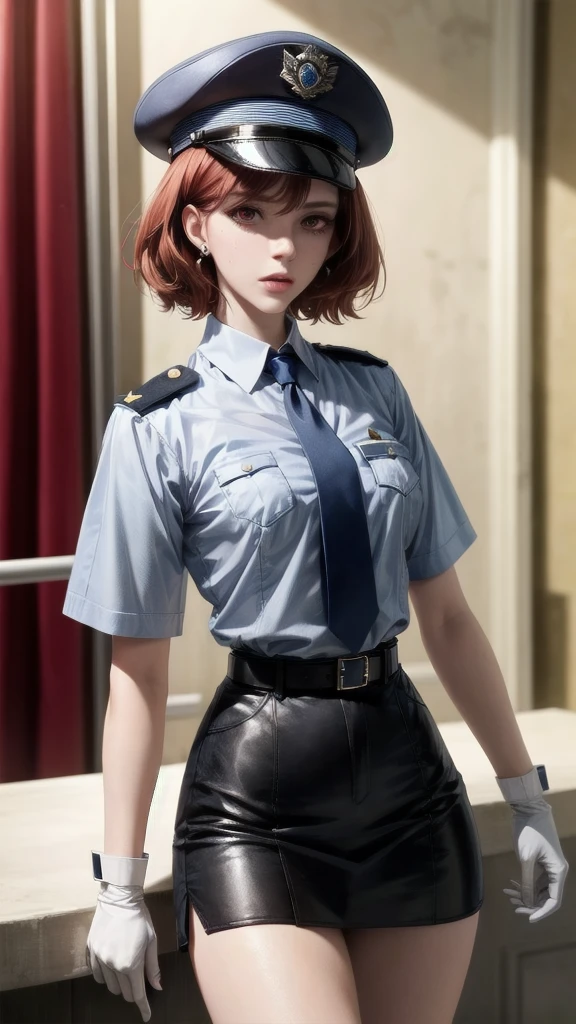 policewoman uniform, light blue short sleeved shirt, navy necktie, high waisted miniskirt, belt, white gloves, police hat, handcuffs, absurdres, RAW photo, extremely delicate and beautiful, masterpiece, Best Quality, ultra high resolution, 32k, hyperrealistic, ultra-detailed, detailed description, pale skin, 20 years old, tearful mole, earring, short medium hair, wavy hair, whole body shot, legs, Redhead, Red eyes,