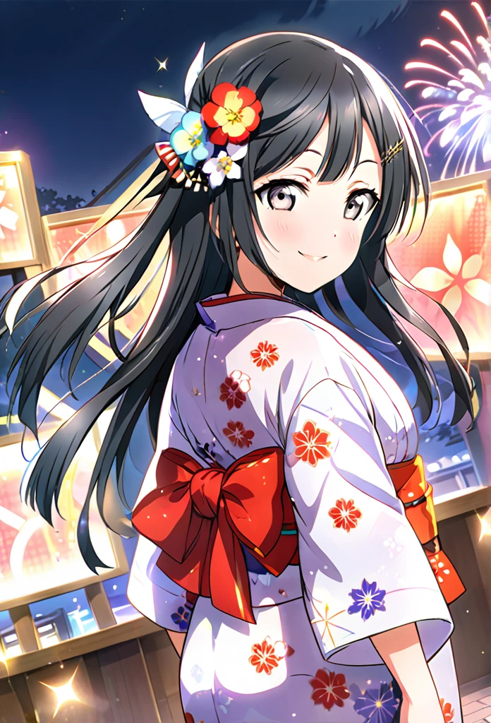 Ultra-realism、One girl, Setsuna Yuki、smile, Long Hair, Black Hair, Back view, Character profile, yukata、Sparkle Effect, Background Fireworks Festival、Wide-angle shot,