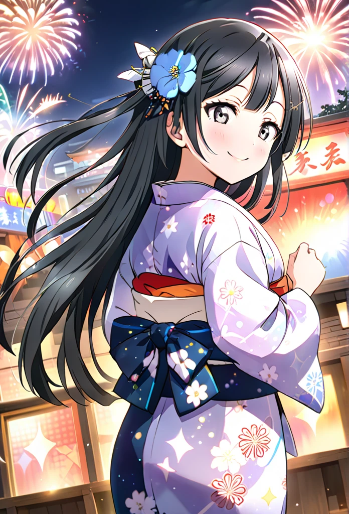 Ultra-realism、One girl, Setsuna Yuki、smile, Long Hair, Black Hair, Back view, Character profile, yukata、Sparkle Effect, Background Fireworks Festival、Wide-angle shot,