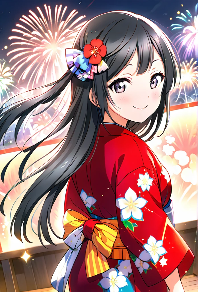 Ultra-realism、One girl, Setsuna Yuki、smile, Long Hair, Black Hair, Back view, Character profile, yukata、Sparkle Effect, Background Fireworks Festival、Wide-angle shot,