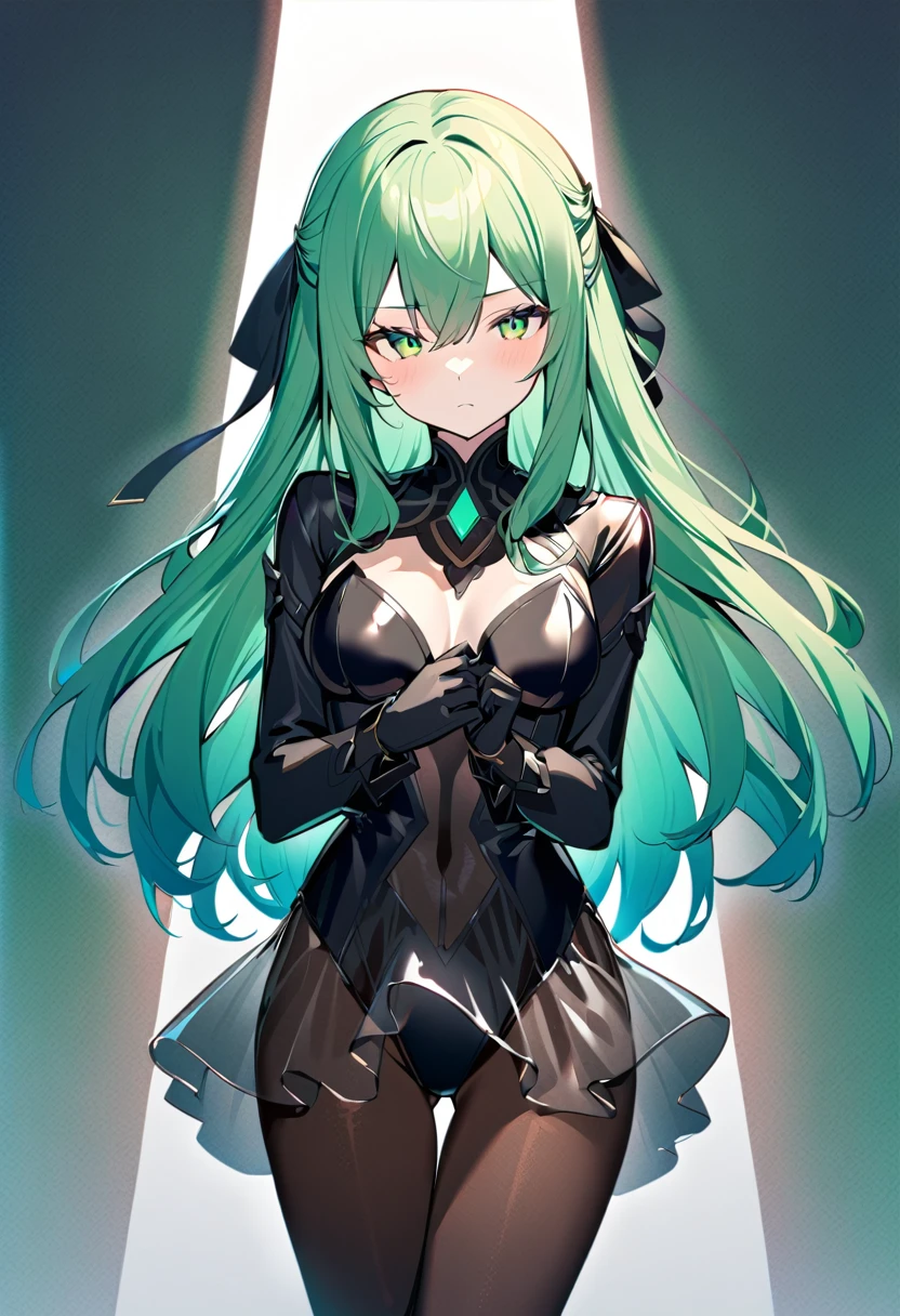 One girl, alone, Long Hair, chest, View your viewers, bangs, skirt, gloves, Long sleeve, ribbon, Hair between the eyes, Mouth closed, Green Eyes, hair ribbon, pantyhose, Cowboy Shot, hair band, , Green Hair, black gloves, see-through skirt, leotard, black leotard, brown pantyhose