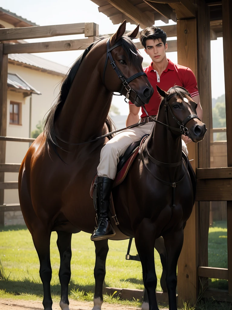 portrait headshot of a A tall handsome 27 year old man in a red and white long sleve polo shirt and white ridding pants and knee length  black boots. Holding a black horse by the harness with his left hand. He has black hair with a 70s-Inspired Shag brown eyes and light tan skin. He is muscular, athletic, and strong. In the background is a stable is a building in which livestock, especially horses, are kept.