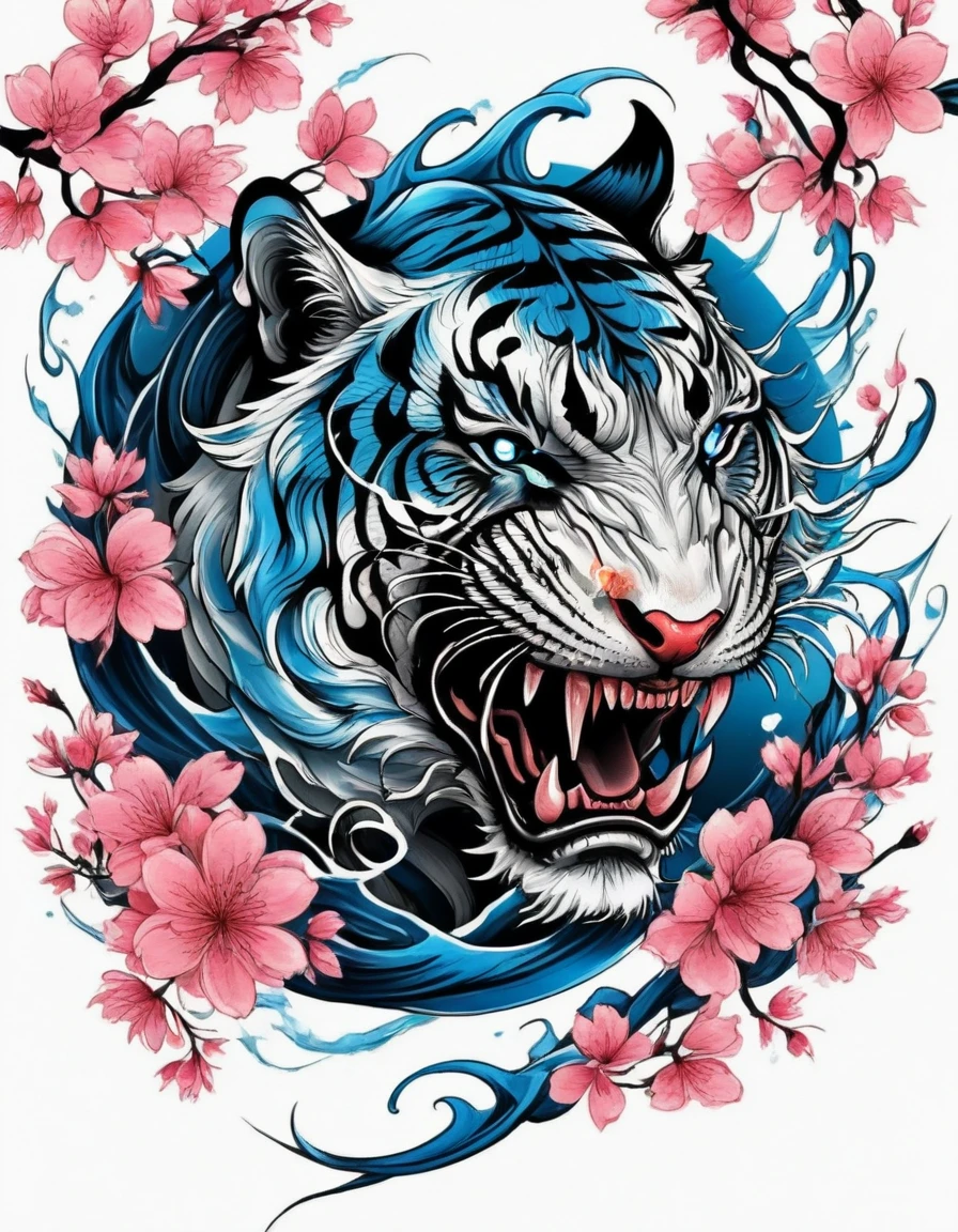 Traditional Japanese tattoo design, realistic tattoo art of Orange tiger with (((Blue eyes))) with pink sakura petal effect ,he is with open mouth looking very fierce and angry, the background is Japanese wave tattoo, (Unity 16K Wallpaper, masterpiece, Best Quality, high quality, Ultra-detailed, extremely details), a tattoo design, realistic tattoo art of Orange tiger with (((Blue eyes))) with pink sakura petal effect ,he is with open mouth looking very fierce and angry, the background is Japanese wave tattoo, upper arm tattoo,
