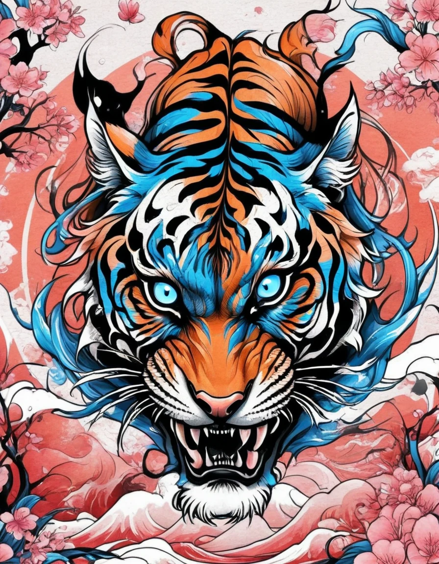 Traditional Japanese tattoo design, realistic tattoo art of Orange tiger with (((Blue eyes))) with pink sakura petal effect ,he is with open mouth looking very fierce and angry, the background is Japanese wave tattoo, (Unity 16K Wallpaper, masterpiece, Best Quality, high quality, Ultra-detailed, extremely details), a tattoo design, realistic tattoo art of Orange tiger with (((Blue eyes))) with pink sakura petal effect ,he is with open mouth looking very fierce and angry, the background is Japanese wave tattoo, upper arm tattoo,
