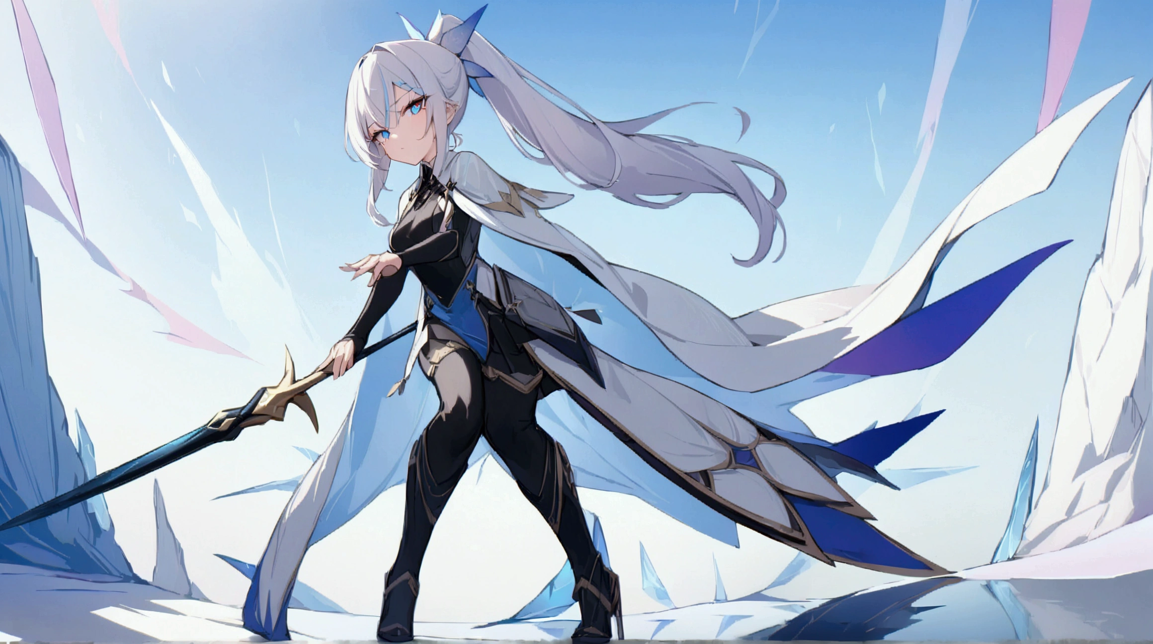 (1girl, Masterpiece, best quality) (detailed and beautiful eyes:1.6) (perfect hands, perfect anatomy) (full body)) Fierce warrior girl with long white hair in a high ponytail and striking red eyes. She wears sleek, modern armor in blue and black with gold and silver details, and a white, high-collared cape with blue and gold accents. She holds a long spear in her right hand and points forward with her left hand. The background should be an icy landscape with crystalline formations and a cold, blue sky, reflecting light off the ice for a mystical atmosphere. Capture her determined and focused expression, conveying a sense of readiness and strength.