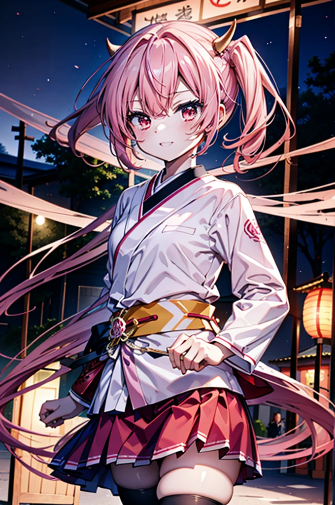 Aria h kanzaki,horn,Pink Hair,Long Hair,low twin tail,Red eyes,happy smile, smile, Open your mouth,pink kimono,Thick sleeves,日本のfestival,夏festivalの屋台,Red Lantern,night,night空のfirework,firework,場所はfirework大会,時間はnightです,sunny day,turn around,まるでwhole bodyがイラストの中にいるかのように,walk, break looking at viewer, whole body, (Cowboy Shot:1. 5),
break outdoors, festival,shrine,
break (masterpiece:1.2), Highest quality, High resolution, unity 8k wallpaper, (shape:0.8), (Beautiful attention to detail:1.6), Highly detailed face, Perfect lighting, Highly detailed CG, (Perfect hands, Perfect Anatomy),