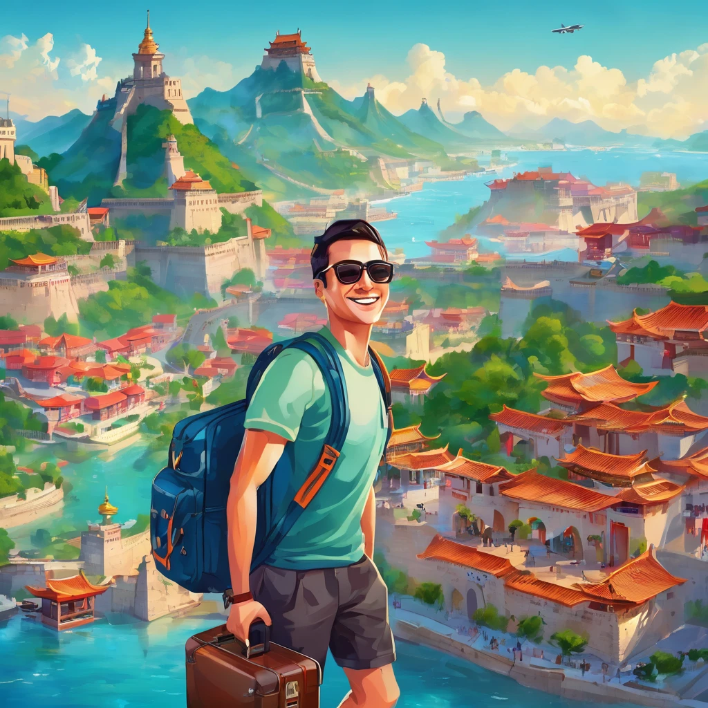 Description of an Image Hiring Lives: Traditional Work vs. Marketing Digital com charachter MasculinoMetade desna (Digital Marketing - Travel Around the World)
fund: Several iconic tourist destinations, like the Eiffel Tower, The great Wall of China, tropical beaches and majestic mountains.
charachter: The same man, now wearing casual and comfortable clothes, like a t-shirt and shorts.
Facial expression: smiling and happy, holding a suitcase or a camera.
Additional Elements: The man is at different tourist locations in each section of the image, like taking selfies in front of famous tourist spots or relaxing on a beach. Other travelers in the background, also enjoying the views.
atmosphere: bright and vibrant, with bright colors and natural lighting, conveying a sense of freedom, adventure and personal satisfaction.
Left Text: "Traditional Work: Stressful Routine"
desna: "Marketing Digital: Freedom to Travel the World"
