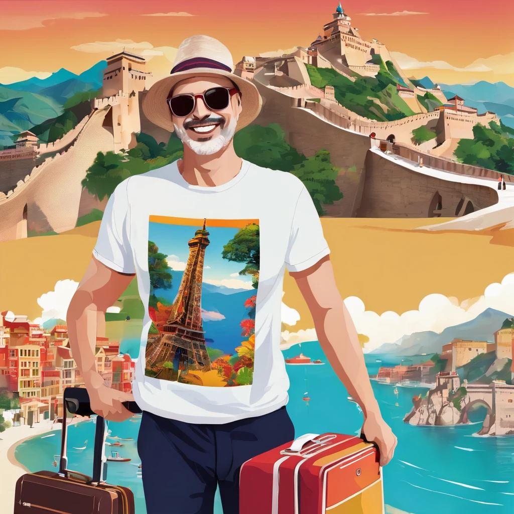 Description of an Image Hiring Lives: Traditional Work vs. Marketing Digital com charachter MasculinoMetade desna (Digital Marketing - Travel Around the World)
fund: Several iconic tourist destinations, like the Eiffel Tower, The great Wall of China, tropical beaches and majestic mountains.
charachter: The same man, now wearing casual and comfortable clothes, like a t-shirt and shorts.
Facial expression: smiling and happy, holding a suitcase or a camera.
Additional Elements: The man is at different tourist locations in each section of the image, like taking selfies in front of famous tourist spots or relaxing on a beach. Other travelers in the background, also enjoying the views.
atmosphere: bright and vibrant, with bright colors and natural lighting, conveying a sense of freedom, adventure and personal satisfaction.
Left Text: "Traditional Work: Stressful Routine"
desna: "Marketing Digital: Freedom to Travel the World"