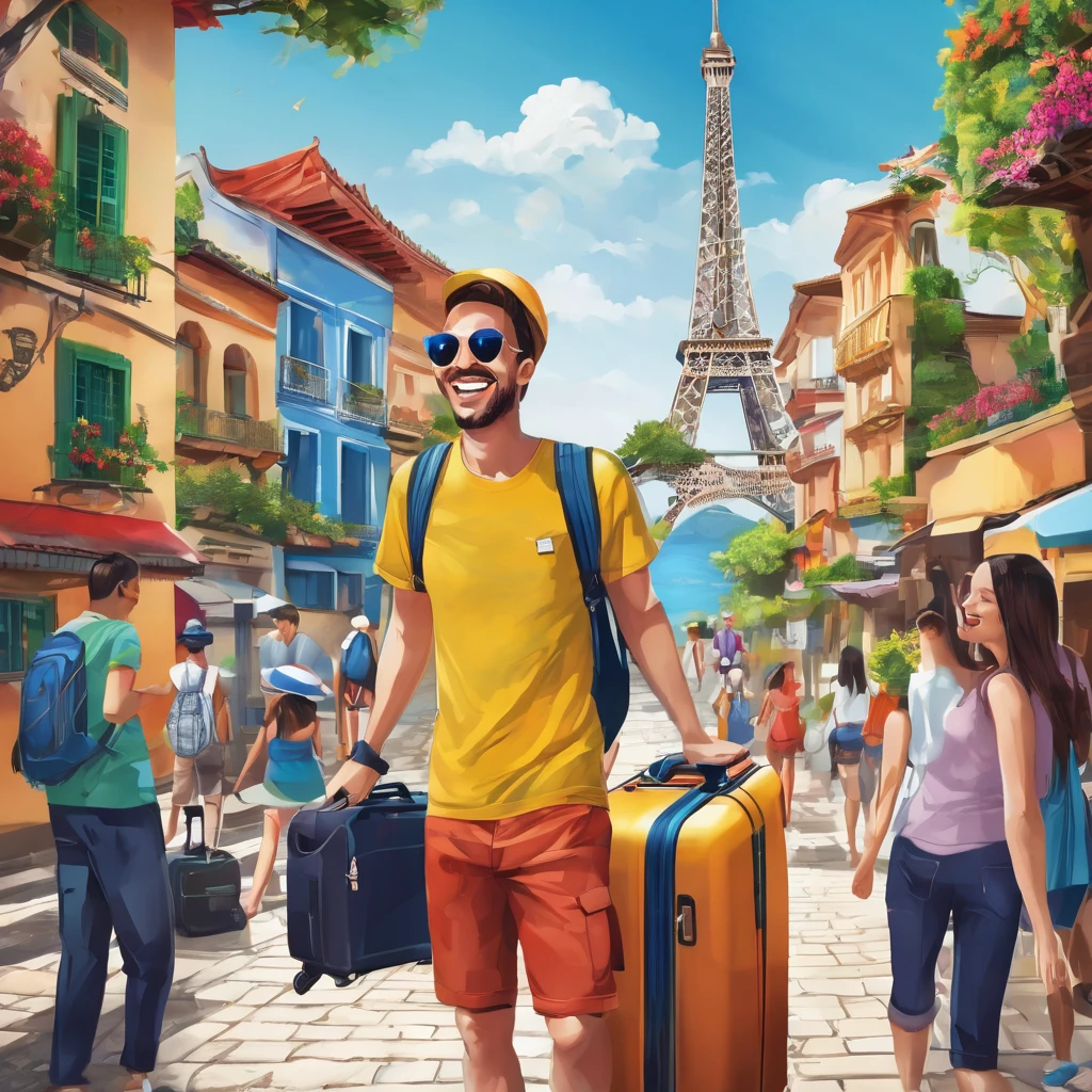 Description of an Image Hiring Lives: Traditional Work vs. Marketing Digital com charachter MasculinoMetade desna (Digital Marketing - Travel Around the World)
fund: Several iconic tourist destinations, like the Eiffel Tower, The great Wall of China, tropical beaches and majestic mountains.
charachter: The same man, now wearing casual and comfortable clothes, like a t-shirt and shorts.
Facial expression: smiling and happy, holding a suitcase or a camera.
Additional Elements: The man is at different tourist locations in each section of the image, like taking selfies in front of famous tourist spots or relaxing on a beach. Other travelers in the background, also enjoying the views.
atmosphere: bright and vibrant, with bright colors and natural lighting, conveying a sense of freedom, adventure and personal satisfaction.
Left Text: "Traditional Work: Stressful Routine"
desna: "Marketing Digital: Freedom to Travel the World"