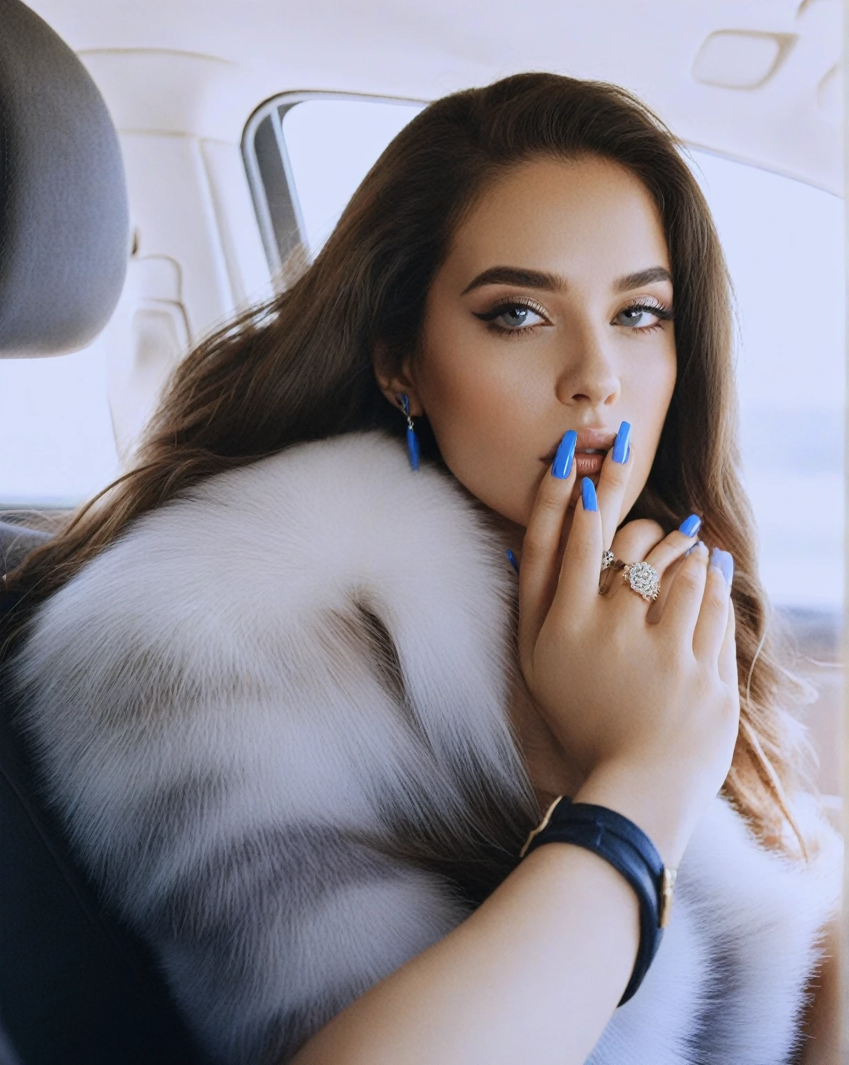 Woman with long hair and blue nails sitting in a car., King&#39;s wool, a portrait of King&#39;s wool, with cigarette, smoking, by Anita Malfatti, sitting in her car, In the style of Petra Collins, in the style of juergen teller, cigarette, inspired by Nan Goldin, inspired by Elsa Bleda, by Amelia Peláez, cigarette between fingers, cigarette in mouth, smoking