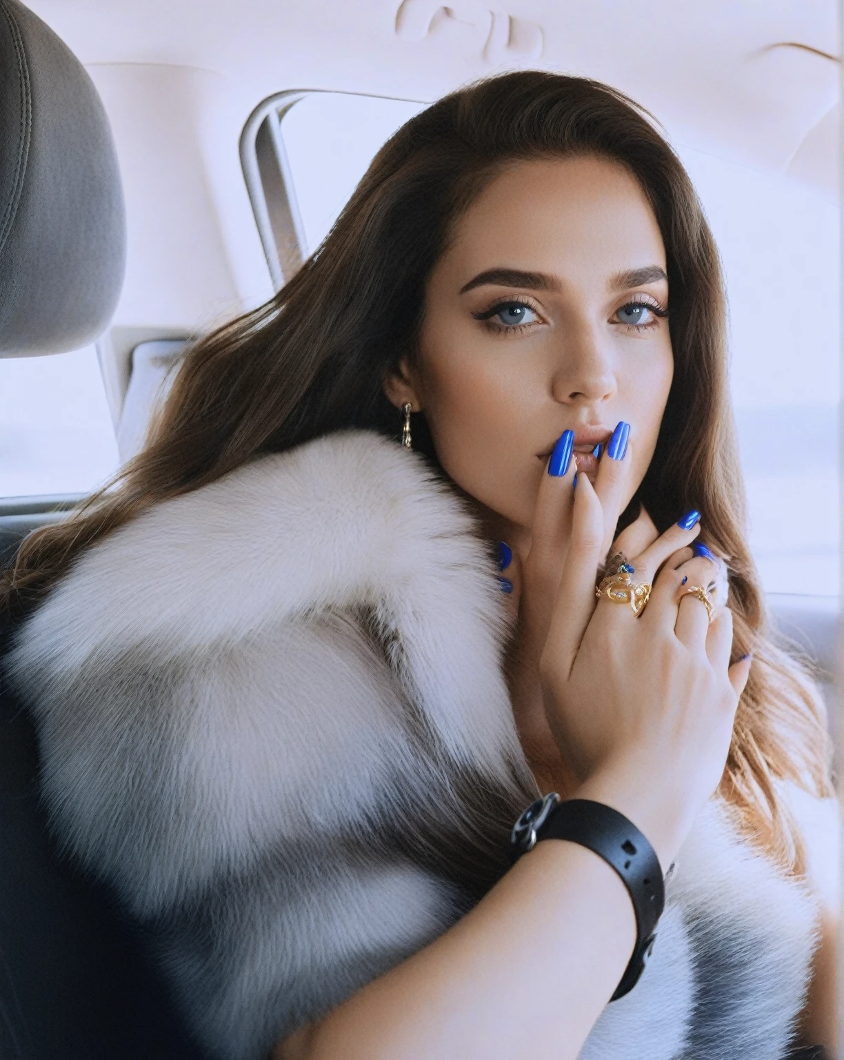 Woman with long hair and blue nails sitting in a car., King&#39;s wool, a portrait of King&#39;s wool, with cigarette, smoking, by Anita Malfatti, sitting in her car, In the style of Petra Collins, in the style of juergen teller, cigarette, inspired by Nan Goldin, inspired by Elsa Bleda, by Amelia Peláez, cigarette between fingers, cigarette in mouth, smoking