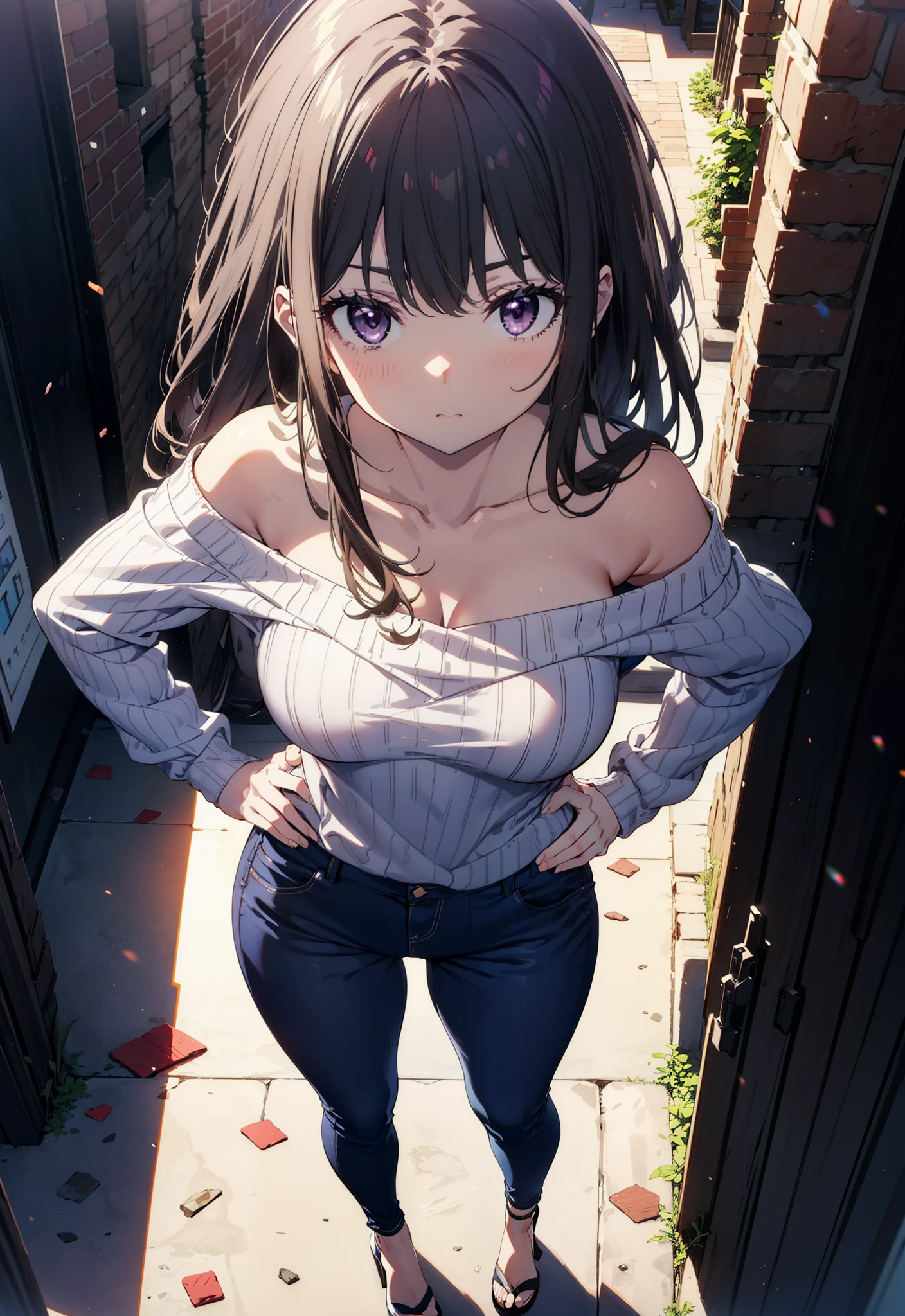 a housewife, ((masturbation)), (((touch her crotch with her hand))), (drooping eyes, eyes with realistic sizing, realistic skin), dark-brown-iris, thin thighs, eccentric pose, (long casual dress with various-pattern), ((sweat)), (standing and spread her legs), pubic hair, (((open mouth, blush))), on the sidewalk downtown, sky, road, angle from diagonally below, (a big plastic bag), 