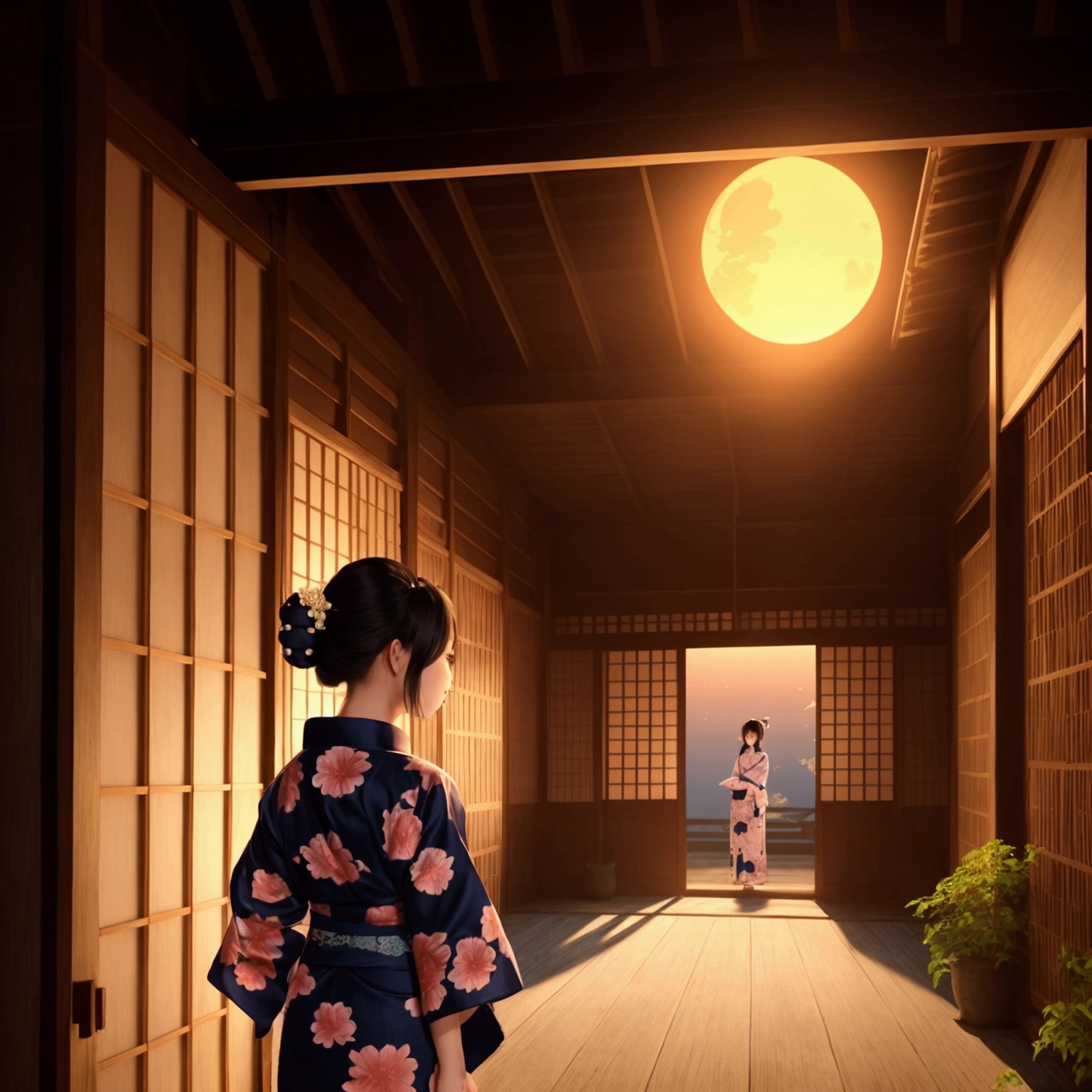 Beautiful girl wearing a yukata, Old house, Distant eyes, A clear silhouette, sunny, summer night, Very detailed and great quality, tendency, masterpiece, 8K high resolution artwork created at Art Station