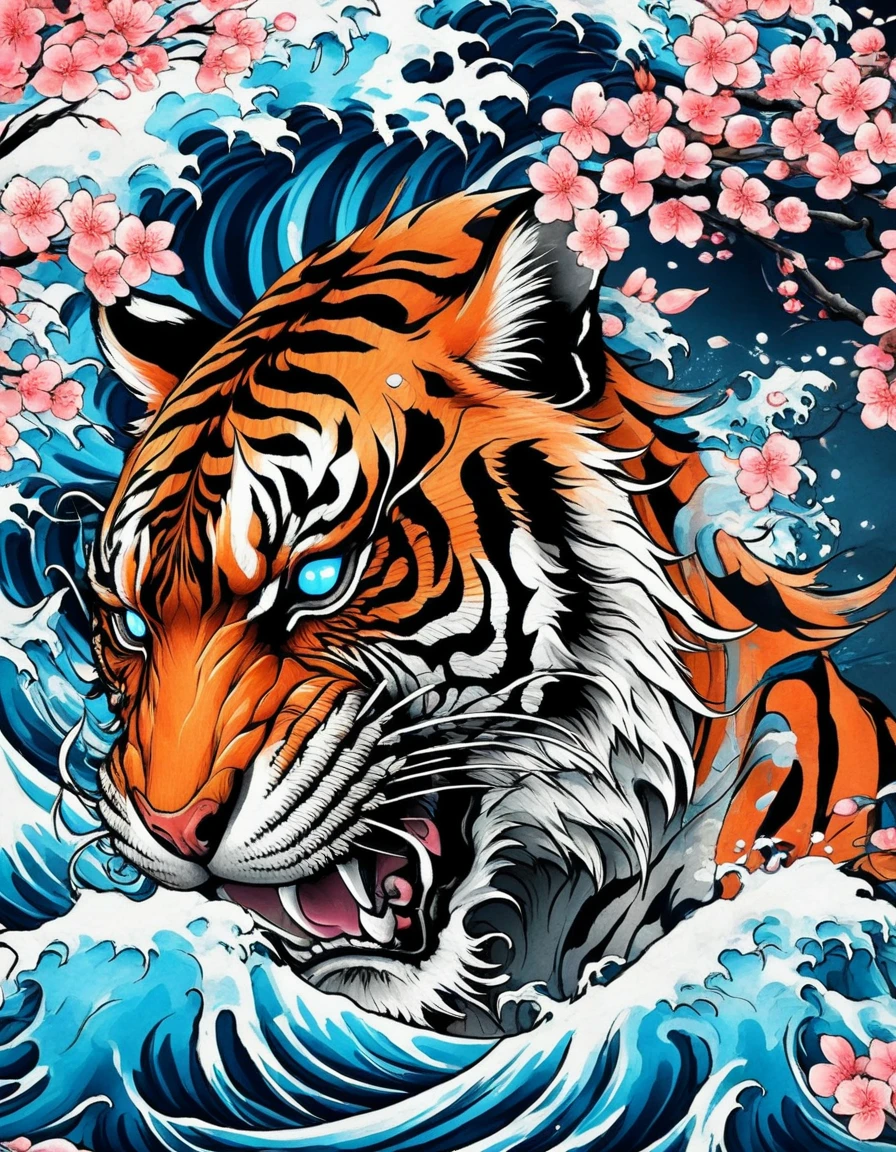 Traditional Japanese tattoo design, realistic tattoo art of Orange tiger with (((Blue eyes))) with pink sakura petal effect ,he is with open mouth looking very fierce and angry, the background is Japanese wave tattoo, (Unity 16K Wallpaper, masterpiece, Best Quality, high quality, Ultra-detailed, extremely details), a tattoo design, realistic tattoo art of Orange tiger with (((Blue eyes))) with pink sakura petal effect ,he is with open mouth looking very fierce and angry, the background is Japanese wave tattoo, upper arm tattoo,