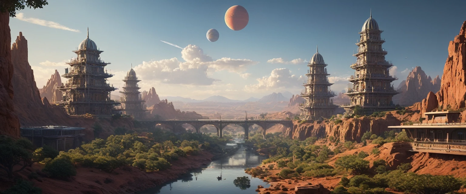 (masterpiece:1.3), (best quality:1.2), chiaroscuro, Unreal Engine, CGI render, Hyperdetailed, vivid colors, modern era photograph, ultra high quality model, 8k Ultra HD, perfect composition, beautiful detailed intricate insanely detailed octane render, soft natural volumetric cinematic perfect light, perfect depth of field shot, ray tracing, photometry, beautiful, metallic deep colors, subsurface scattering, ultra realistic, (photorealism:1.1), 8 k artistic photography, hyperdetailed, absurdly detailed, scenery, city, buildings, idealized American city, busy city center, parks and greenery areas, parks, plazas, modern era photograph, skyscrapers, sumerian, monumental architecture, cuneiform, nisroch, (uploaded and trending on imgur, pixiv, furaffinity, pinterest, e621, inkbunny, tumblr, deviantart, artstation, ), (in the style of and art by midjourney, greg rutkowski, raphael, Frank Lloyd Wright, James Gurney, Thomas Kinkade, ), science fiction, war between two cities on mars, spaceship, high-tech, night, prospect, moonlight reflection, sacred, landscape, bright, fhd, 4k, high-resolution, realistic, surrealistic, super wide angle shot, canon 5d, v-ray, quixel megascans render, sintane render