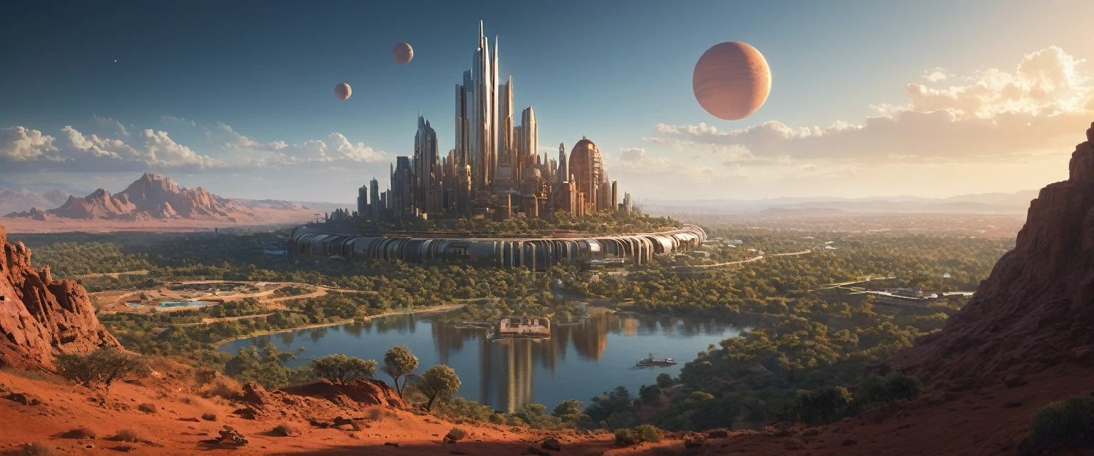 (masterpiece:1.3), (best quality:1.2), chiaroscuro, Unreal Engine, CGI render, Hyperdetailed, vivid colors, modern era photograph, ultra high quality model, 8k Ultra HD, perfect composition, beautiful detailed intricate insanely detailed octane render, soft natural volumetric cinematic perfect light, perfect depth of field shot, ray tracing, photometry, beautiful, metallic deep colors, subsurface scattering, ultra realistic, (photorealism:1.1), 8 k artistic photography, hyperdetailed, absurdly detailed, scenery, city, buildings, idealized American city, busy city center, parks and greenery areas, parks, plazas, modern era photograph, skyscrapers, sumerian, monumental architecture, cuneiform, nisroch, (uploaded and trending on imgur, pixiv, furaffinity, pinterest, e621, inkbunny, tumblr, deviantart, artstation, ), (in the style of and art by midjourney, greg rutkowski, raphael, Frank Lloyd Wright, James Gurney, Thomas Kinkade, ), science fiction, war between two cities on mars, spaceship, high-tech, night, prospect, moonlight reflection, sacred, landscape, bright, fhd, 4k, high-resolution, realistic, surrealistic, super wide angle shot, canon 5d, v-ray, quixel megascans render, sintane render