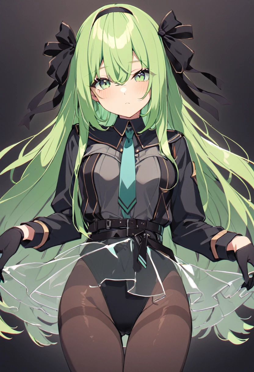 One girl, alone, Long Hair, chest, View your viewers, bangs, skirt, gloves, Long sleeve, ribbon, Hair between the eyes, Mouth closed, Green Eyes, hair ribbon, pantyhose, Cowboy Shot, hair band, , Green Hair, black gloves, see-through skirt, leotard, black leotard, brown pantyhose