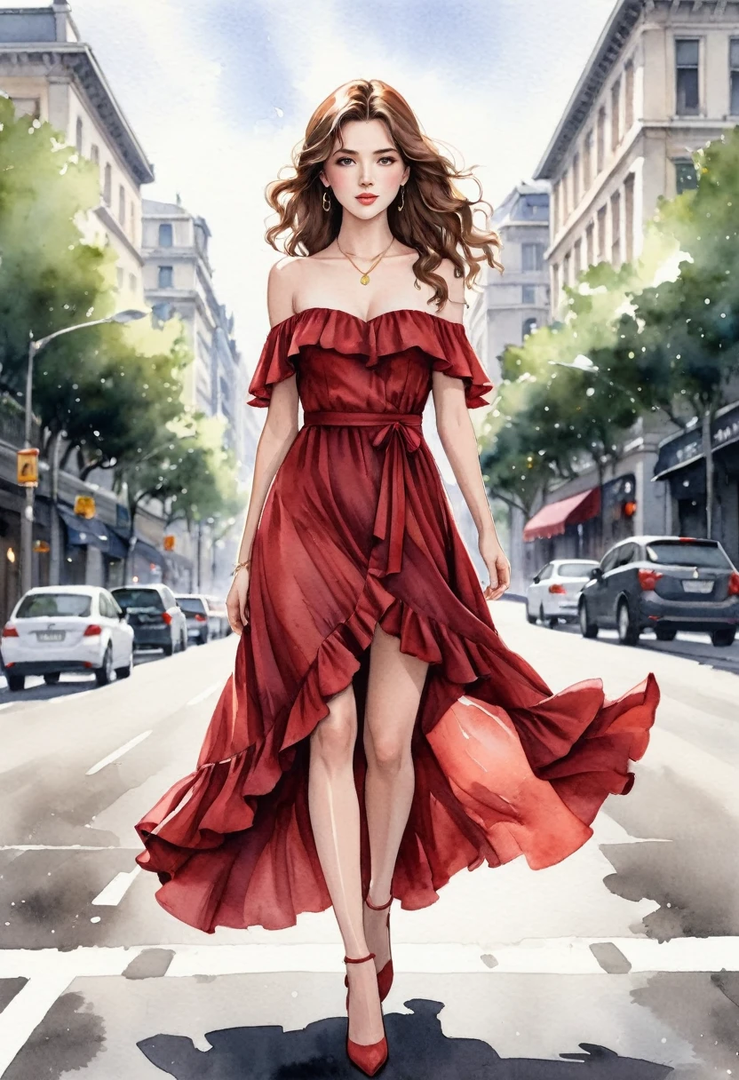 In a watercolor, anime-style, 2D illustration, at eye level, a woman with fair skin, long brown hair and a wide-shouldered red dress walks towards the viewer along a gray asphalt road. She is dressed in a short, off-the-shoulder dress with ruffles at the bottom and off-the-shoulder sleeves. Her hair is styled in curls that cascade down to her shoulders. Her lips are a deep red and she wears a gold necklace with a small pendant. Her eyes are closed and her mouth is open. The dress is fitted at the waist with a slim fit and has a ruffled bottom that cascades down to the knees. the road she is walking on is gray asphalt and has a curb that curves around her. The background is blurred, but it appears to be a blurred image of a tree or building.