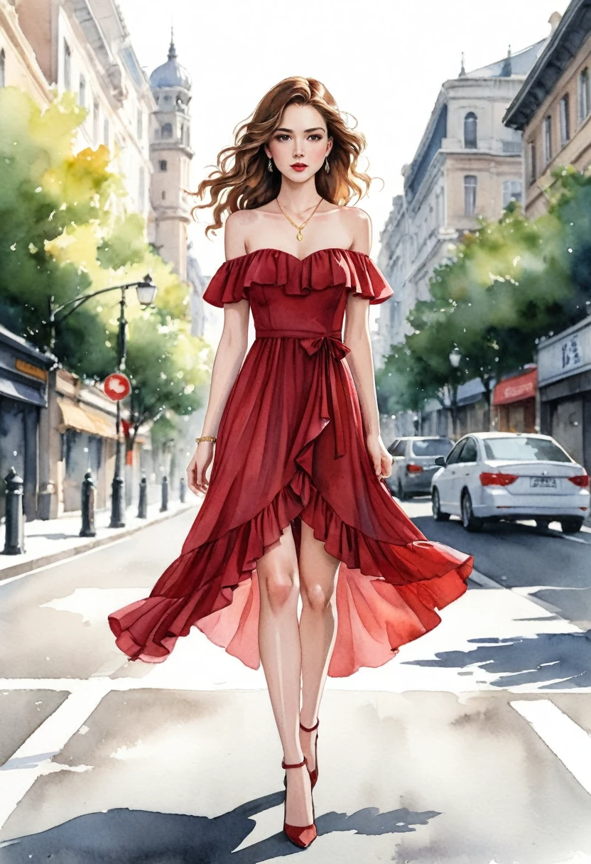 In a watercolor, anime-style, 2D illustration, at eye level, a woman with fair skin, long brown hair and a wide-shouldered red dress walks towards the viewer along a gray asphalt road. She is dressed in a short, off-the-shoulder dress with ruffles at the bottom and off-the-shoulder sleeves. Her hair is styled in curls that cascade down to her shoulders. Her lips are a deep red and she wears a gold necklace with a small pendant. Her eyes are closed and her mouth is open. The dress is fitted at the waist with a slim fit and has a ruffled bottom that cascades down to the knees. the road she is walking on is gray asphalt and has a curb that curves around her. The background is blurred, but it appears to be a blurred image of a tree or building.