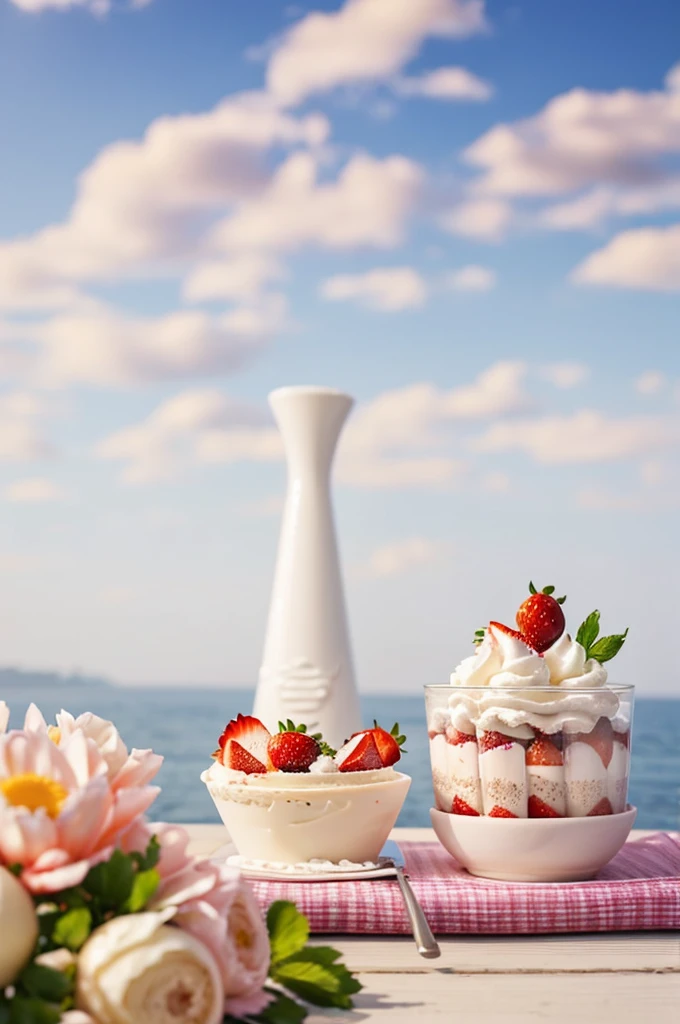 made of ice cream and cream，shallow粉色、shallow、shallow蓝色、shallow绿色，Decorated with strawberries、cherry