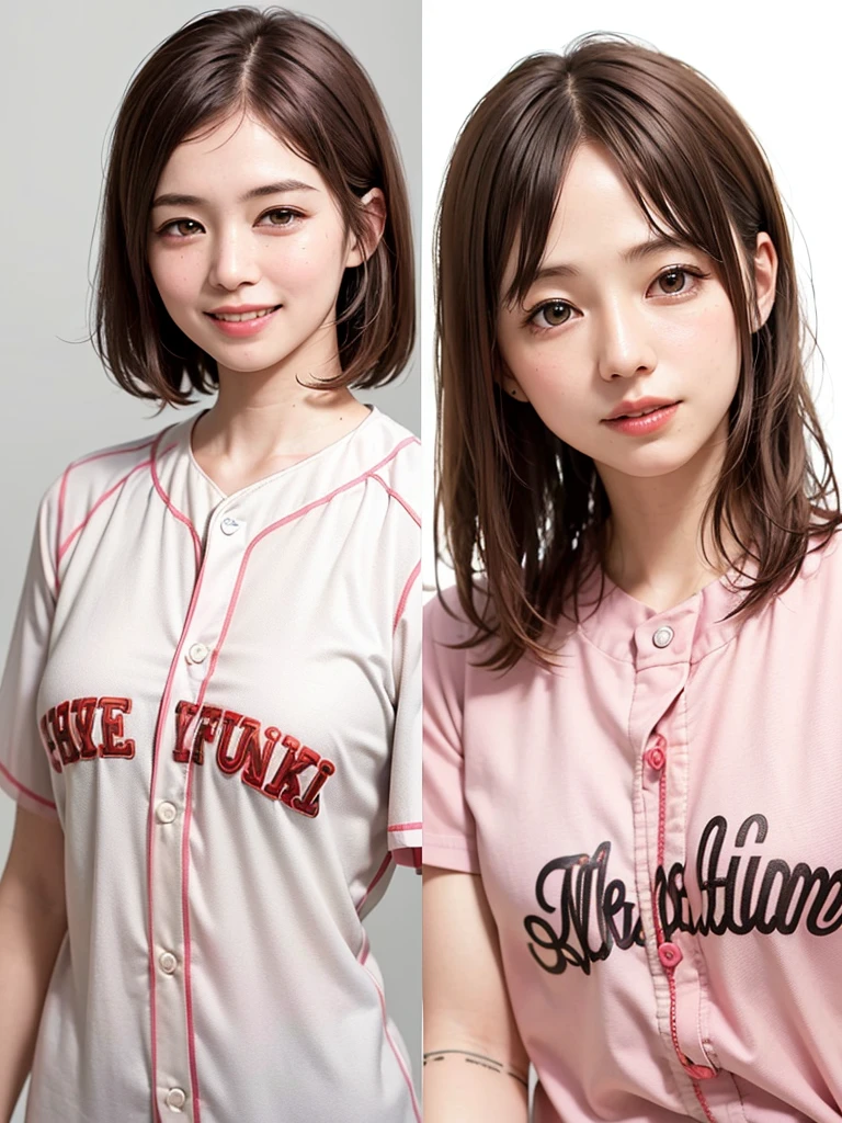 (Highest quality、8k、32K、masterpiece)、(Realistic)、(Realistic:1.2)、(High resolution)、Very detailed、Very beautiful face and eyes、1 girl、Round and small face、Tight waist、(close、Highest quality、Attention to detail、Rich skin detail)、(Highest quality、8k、Oil paints:1.2)、(Realistic、Realistic:1.37)、Bright colors、(((blonde)))、(((Cowboy Shot)))、(((Medium Hair)))、(((White wall background)))、(((Fun Expressions)))、(((Pink baseball uniform)))、(((Pink Uniform)))、(((smile)))、(((Medium Hair)))、(((blonde)))、