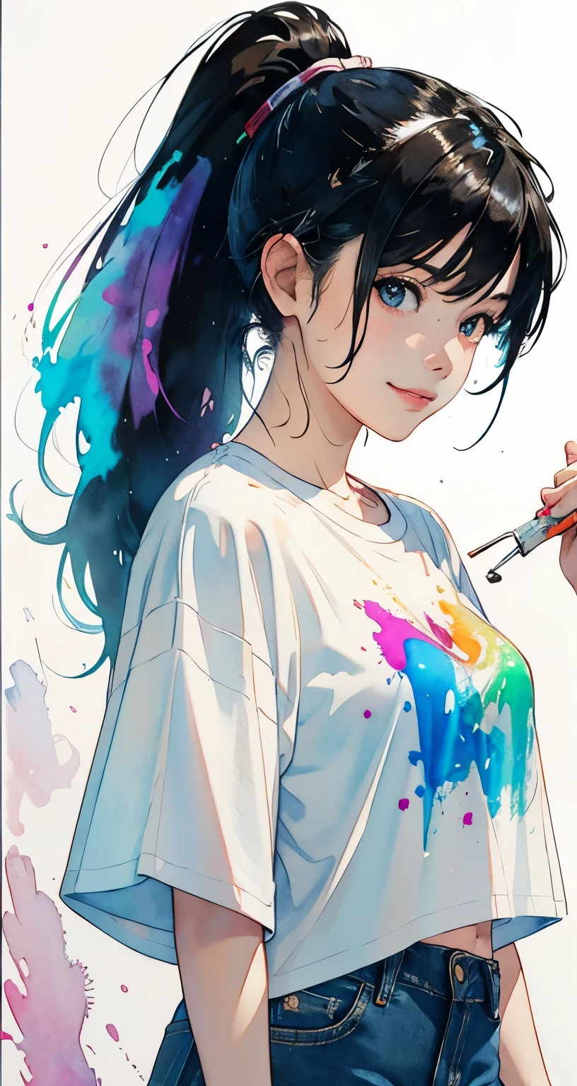 Splatter backgrounds and spray paint effects by Adam Hughes、White t-shirt and jeans shorts、Center of upper body、Multi-coloured hair、close your eyes、Big happy smile、Watercolor art、Watercolor、Watercolorスタイル、Watercolor detailed art、Watercolor digital painting、Watercolor paints、非常に詳細なWatercolor、Watercolor、Japanese women、18-year-old、ponytail、Black Hair