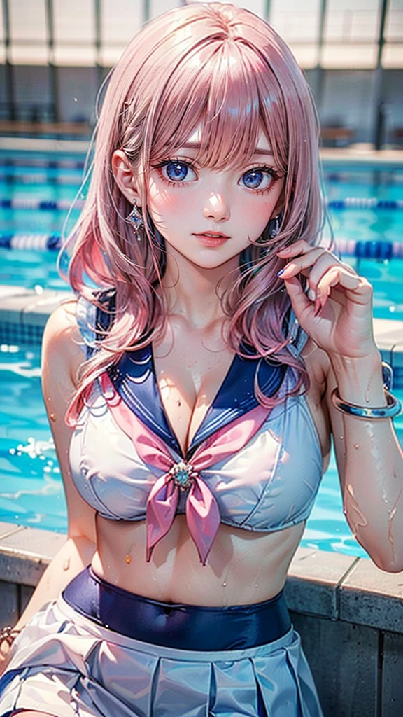 ((Highest quality, 8k, masterpiece :1.3)), (Sharp focus :1.2, Beautiful woman with perfect figure :1.4, Slim Abs), ((Big Breasts, Emphasize cleavage:1.2)), (Photorealistic:1.4), (realistic:1.4), (Pink Hair:1.5), Highly detailed face and skin texture, Fine grain, double eyelid. Makeup face, A little bit of lipstick, sex appeal, Sexy gravure pose, ((Blue sailor suit and white skirt、Poolside background、Smiling female high school student holding a swim ring、Silver Bracelet。:1.3)