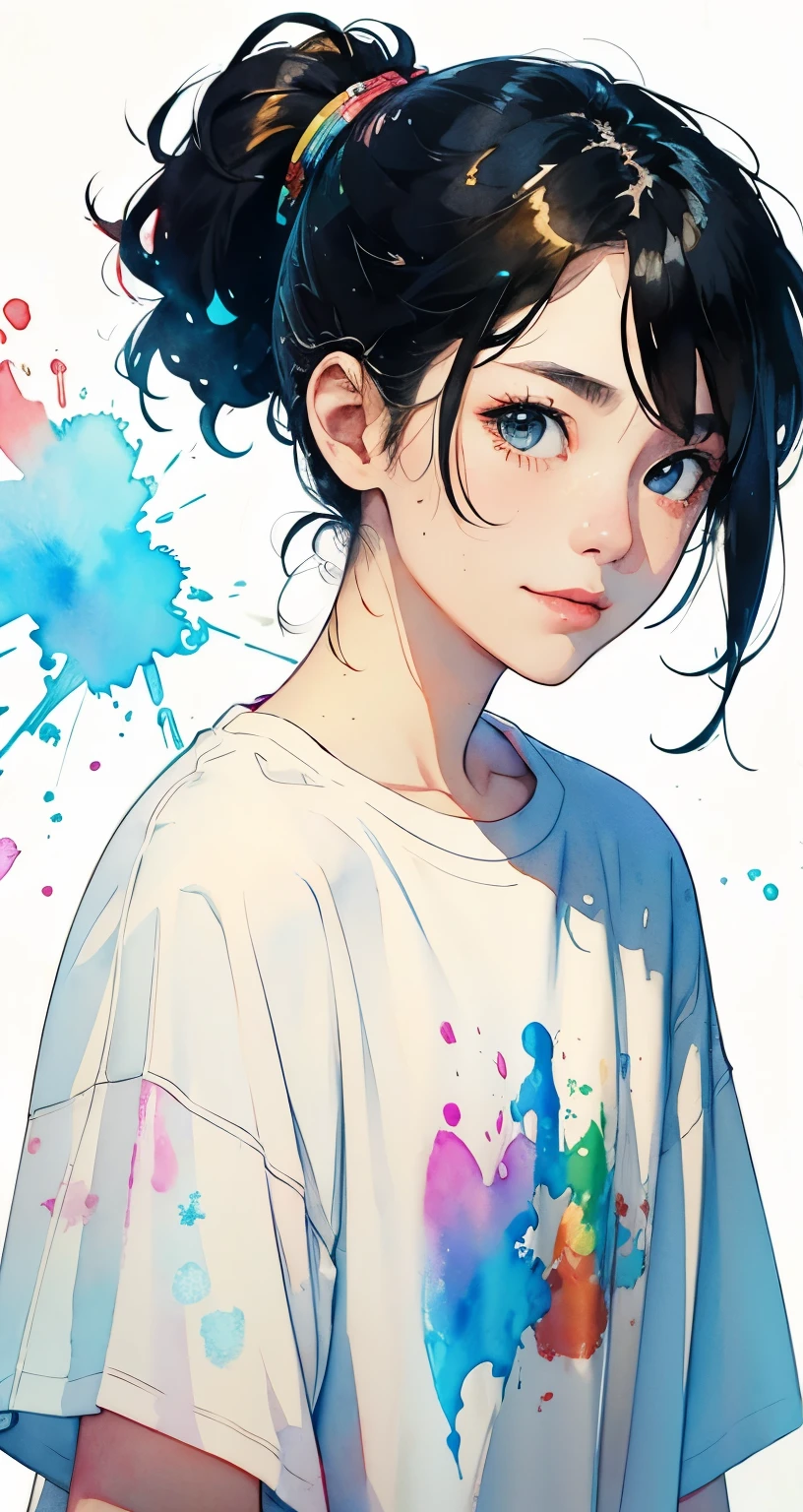 Splatter backgrounds and spray paint effects by Adam Hughes、White t-shirt and jeans shorts、Center of upper body、Multi-coloured hair、close your eyes、Big happy smile、Watercolor art、Watercolor、Watercolorスタイル、Watercolor detailed art、Watercolor digital painting、Watercolor paints、非常に詳細なWatercolor、Watercolor、Japanese women、18-year-old、ponytail、Black Hair