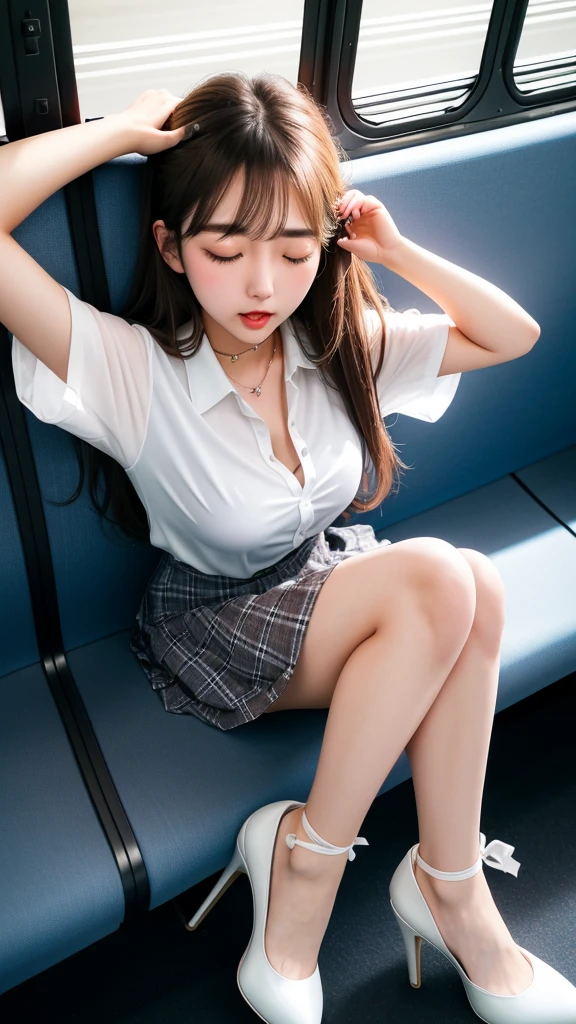 20-year-old women,,Clear images、Real women 、Brown Hair, Medium Hair〜Half-up、She is sleeping soundly with her mouth open.., Slim figure ,Breasts are a little bigger than normal , Head to toe full body shot, Shiny white high heels、 Blouse with ribbon on the chest、Checkered mini skirt, Sit comfortably in the back of the bus, 、私 threw my head back and fell into a deep sleep..,Arms hanging down. I'm exhausted on the way home after work..Sleeping like the dead.My knees are open, Both feet are on the floor, sleeping face, close your eyes, Mouth wide open and drool、Tilt your head back and look up, I can rest my head on the seat and sleep soundly..., Anatomically correct,Composition looking up from the front