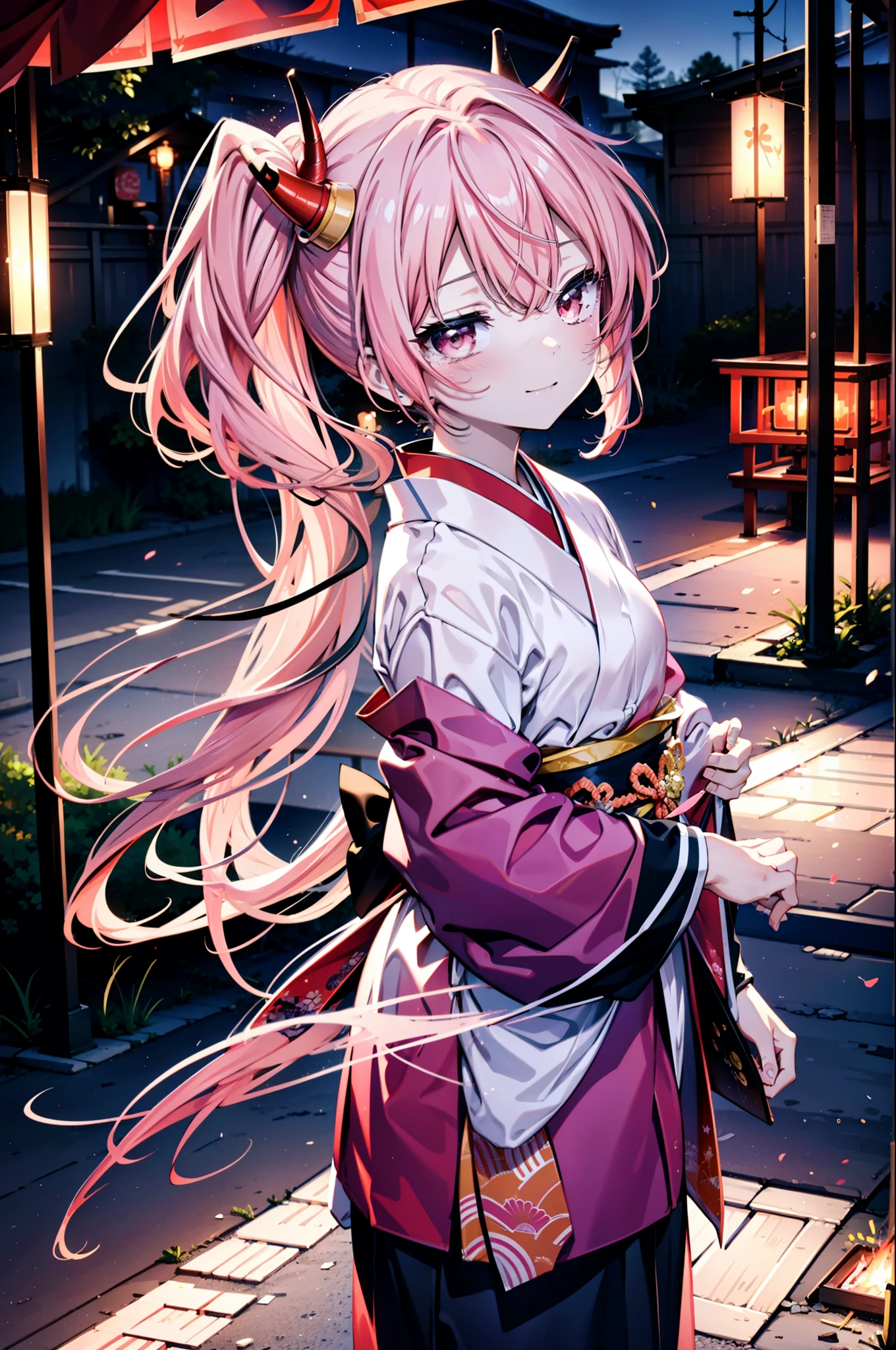 Aria h kanzaki,horn,Pink Hair,Long Hair,low twin tail,Red eyes,happy smile, smile, Open your mouth,pink kimono,Thick sleeves,日本のfestival,夏festivalの屋台,Red Lantern,night,night空のfirework,firework,場所はfirework大会,時間はnightです,sunny day,turn around,まるでwhole bodyがイラストの中にいるかのように,walk,　　　　　　　　　　　　　　　  　　　　　break looking at viewer, whole body, (Cowboy Shot:1. 5),  　　　　　
break outdoors, festival,shrine,
break (masterpiece:1.2), Highest quality, High resolution, unity 8k wallpaper, (shape:0.8), (Beautiful attention to detail:1.6), Highly detailed face, Perfect lighting, Highly detailed CG, (Perfect hands, Perfect Anatomy),