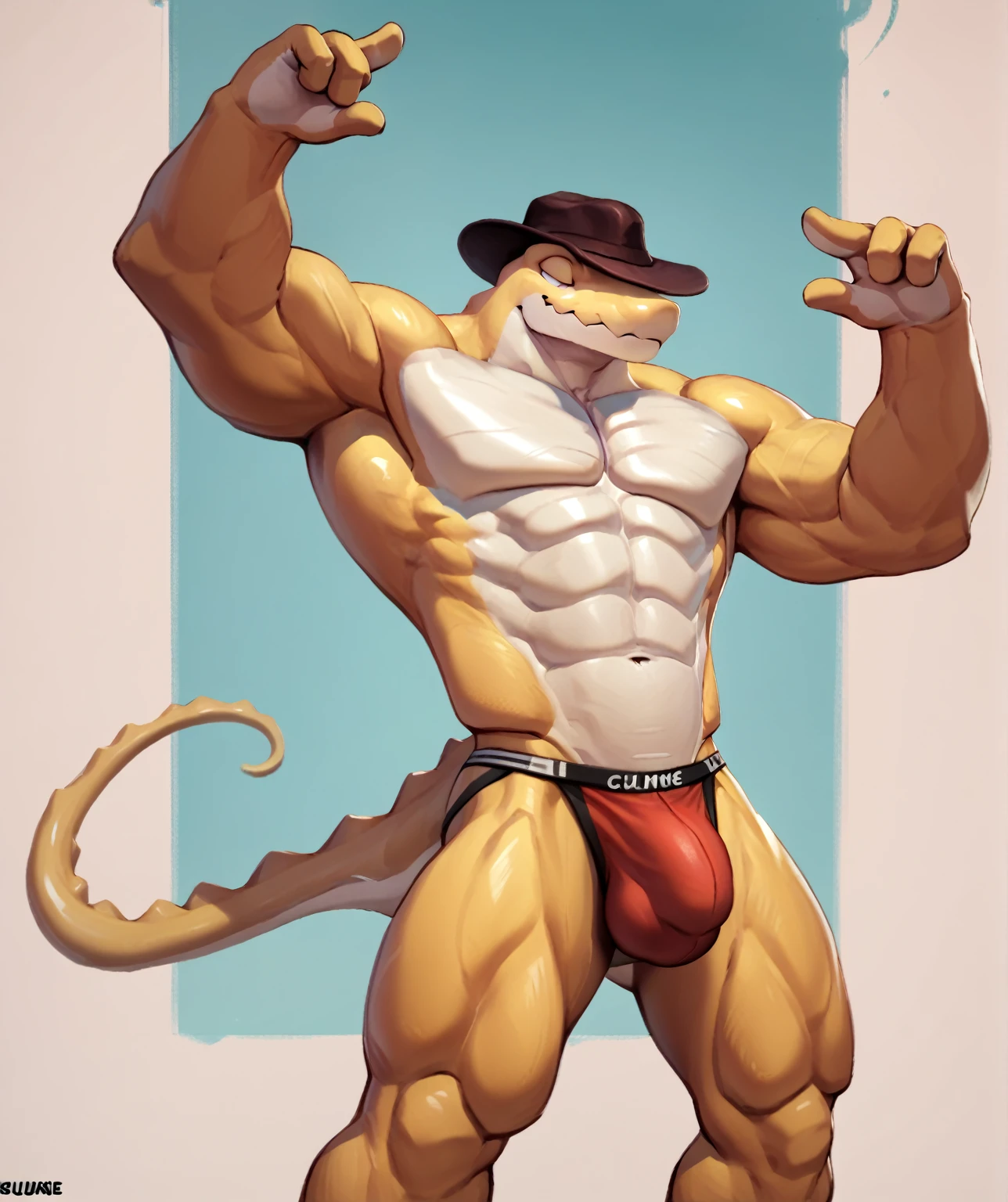 anthro, gummigoo, two_toned_body, white chest, white eyes, green and yellow body, standing , shiny_body, smug_expression, 4k, e621_post_recursion, anatomically_correct, masterpiece, realistic, best quality, muscular male. Standing up, Black jockstrap, huge bulge. Very Buff, very muscular,  nice Pecs.  Detailed Abs.