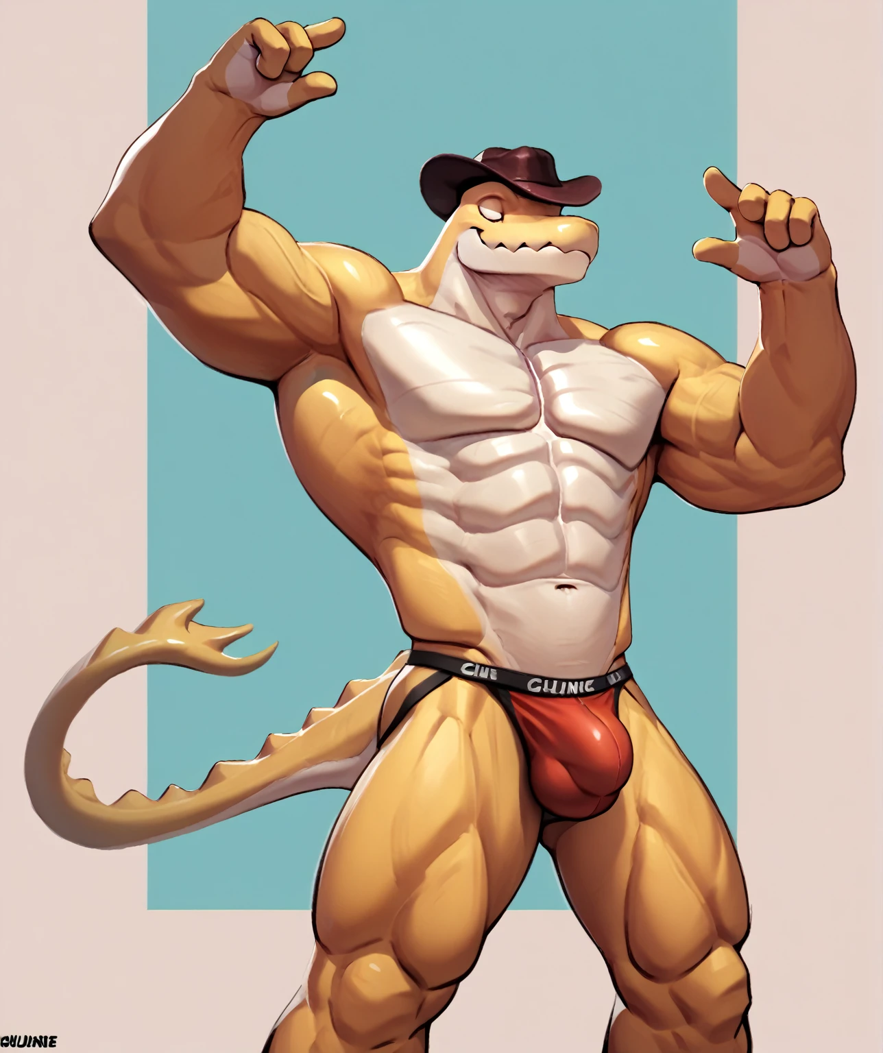 anthro, gummigoo, two_toned_body, white chest, white eyes, green and yellow body, standing , shiny_body, smug_expression, 4k, e621_post_recursion, anatomically_correct, masterpiece, realistic, best quality, muscular male. Standing up, Black jockstrap, huge bulge. Very Buff, very muscular,  nice Pecs.  Detailed Abs.