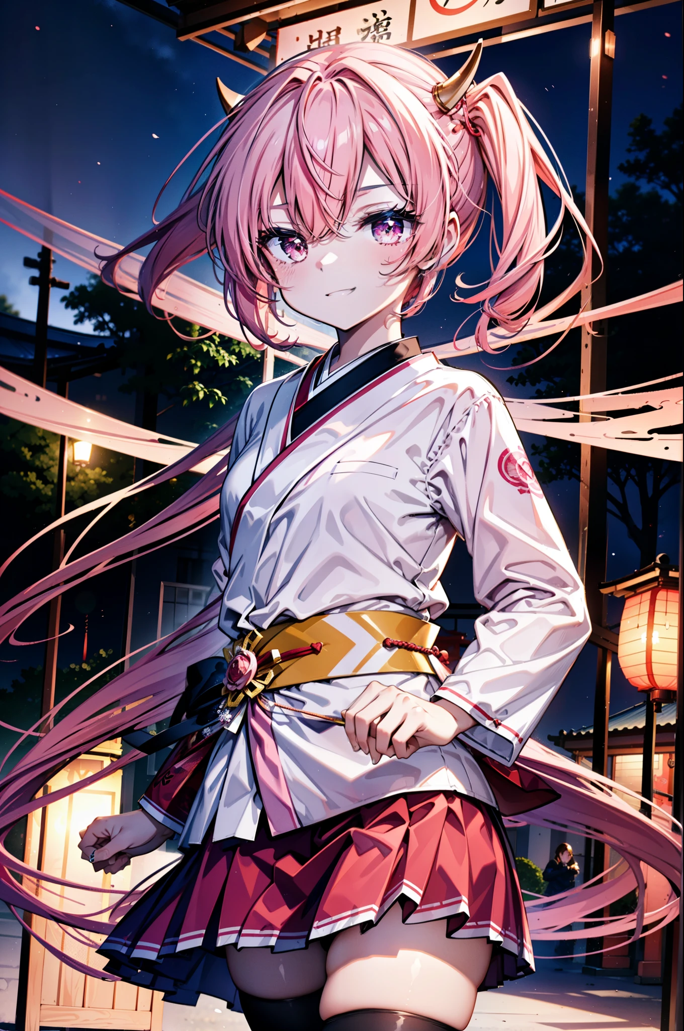 Aria h kanzaki,horn,Pink Hair,Long Hair,low twin tail,Red eyes,happy smile, smile, Open your mouth,pink kimono,Thick sleeves,日本のfestival,夏festivalの屋台,Red Lantern,night,night空のfirework,firework,場所はfirework大会,時間はnightです,sunny day,turn around,まるでwhole bodyがイラストの中にいるかのように,walk, break looking at viewer, whole body, (Cowboy Shot:1. 5),
break outdoors, festival,shrine,
break (masterpiece:1.2), Highest quality, High resolution, unity 8k wallpaper, (shape:0.8), (Beautiful attention to detail:1.6), Highly detailed face, Perfect lighting, Highly detailed CG, (Perfect hands, Perfect Anatomy),