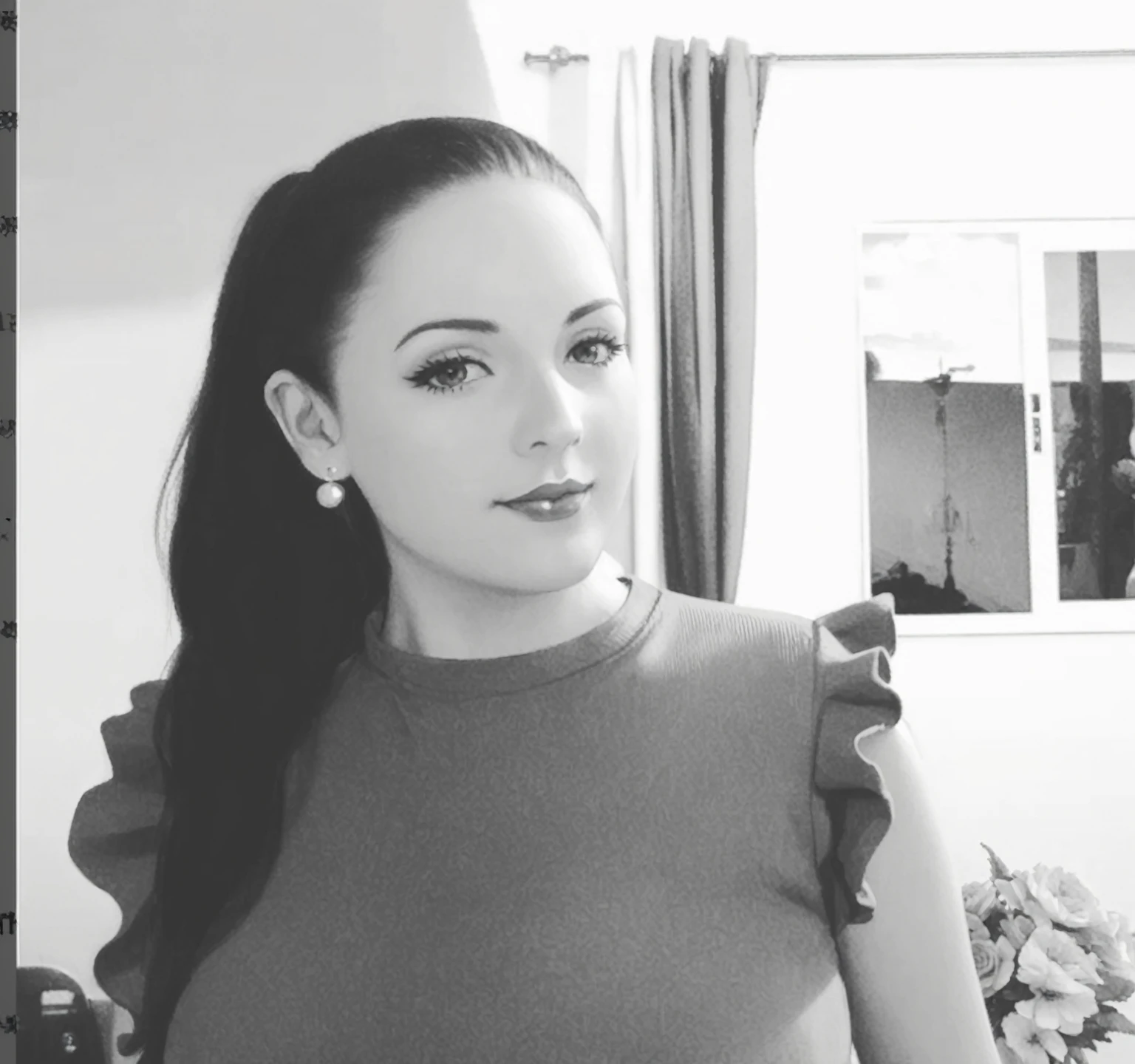 There's a woman standing in a room with a flower, imagem in black and white, in black and white, by Amélia Peláez, inspired by Gina Pellón, by Gina Pellón, a foto in black and white, foto in black and white, b&photoshot, fernanda suarez, inspired by Amélia Peláez