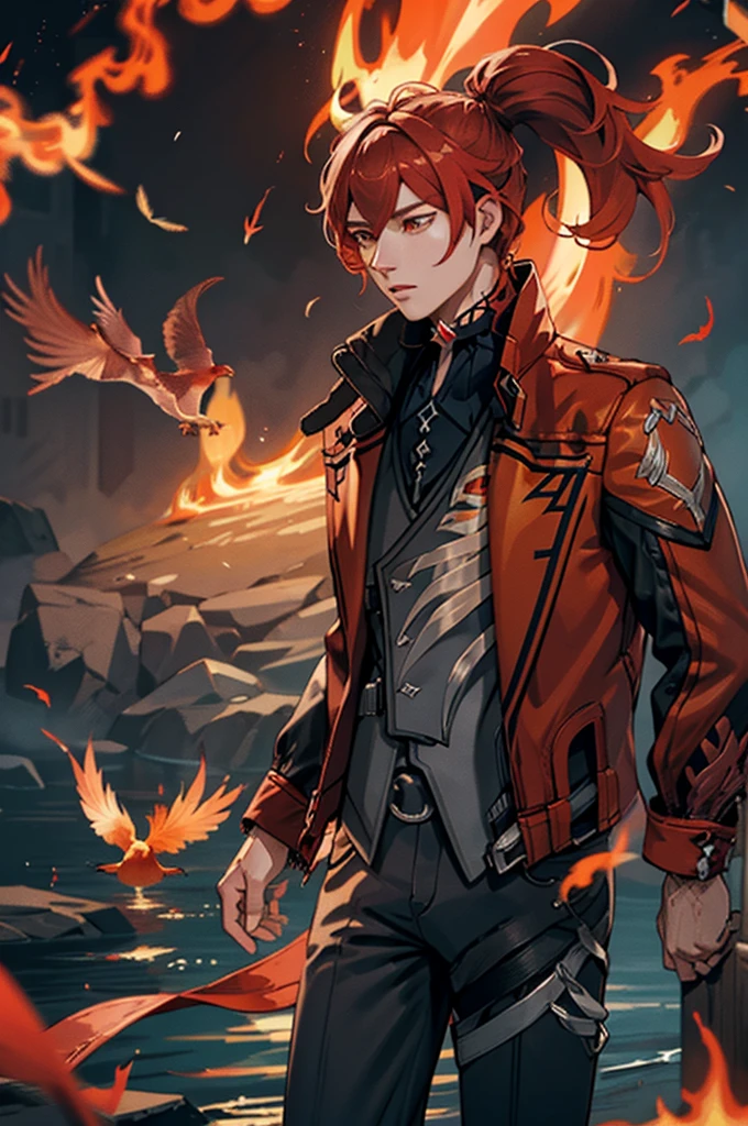 (masterpiece, best quality), 1 male, mature, aged up:1.4, tall muscular guy, broad shoulders, finely detailed eyes and detailed face, extremely detailed CG unity 8k wallpaper, intricate details, Fantasy, red hair, red flowers background,diluc (genshin impact), red eyes, ((red and orange bird feathers made of fire flying around him, lots of fire feathers)), red leather jacket, black collar, high ponytail red hair