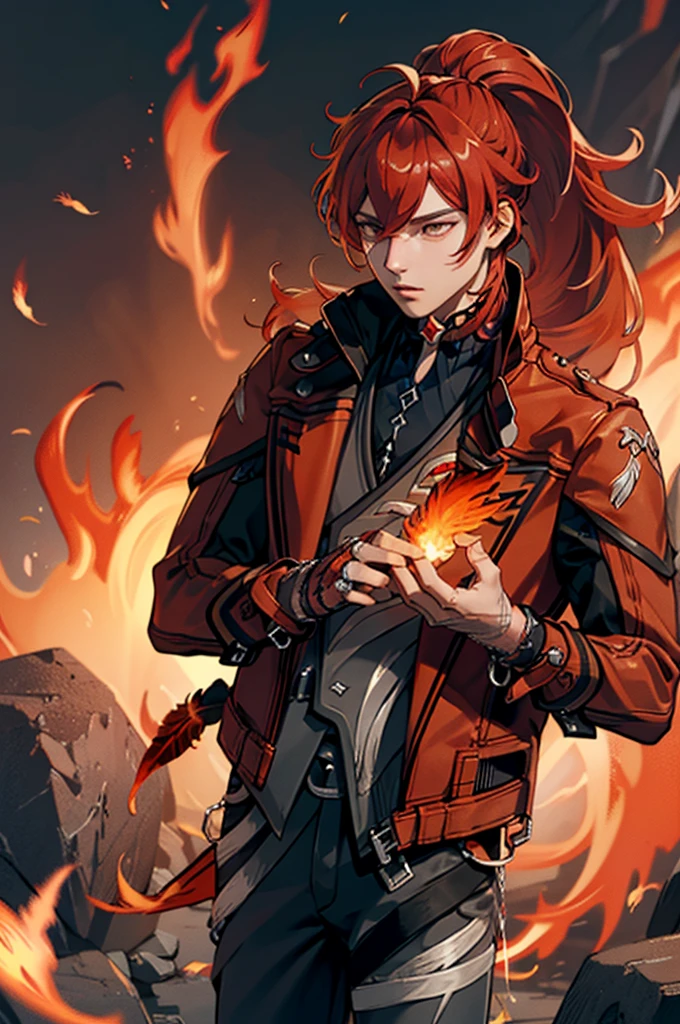 (masterpiece, best quality), 1 male, mature, aged up:1.4, tall muscular guy, broad shoulders, finely detailed eyes and detailed face, extremely detailed CG unity 8k wallpaper, intricate details, Fantasy, red hair, red flowers background,diluc (genshin impact), red eyes, ((red and orange bird feathers made of fire flying around him, lots of fire feathers)), red leather jacket, black collar, high ponytail red hair