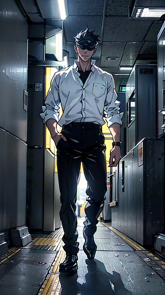 1boy, full body shot, perfect hand and fingers, satoru gojo, blindfold, black outfit, white hair, look at sky, smirk, red and blue moon city night background, wallpaper, cinematic,High resolution 8K, Bright light illumination, lens flare, sharpness, masterpiece, top-quality, The ultra -The high-definition, high resolution, extremely details CG, Anime style, Film Portrait Photography,masterpiece,hyperdetail,best quality, ultra-detailed, illustration, OsakaMetro400, subway station, train station, train, vending machine, scenery, 1boy, pants, black pants, shirt, black hair, white shirt