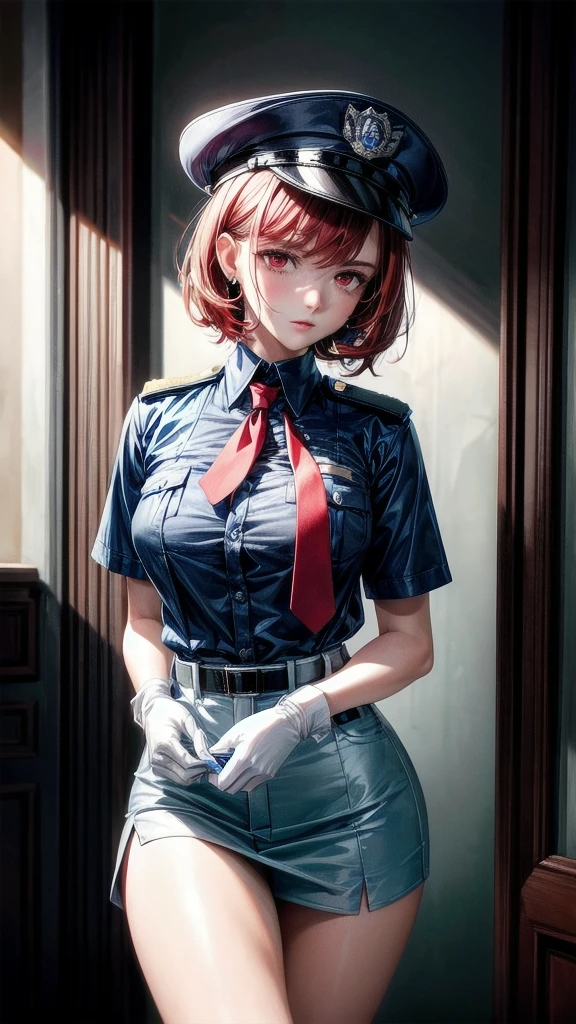 policewoman uniform, light blue short sleeved shirt, navy necktie, high waisted miniskirt, belt, white gloves, police hat, handcuffs, absurdres, RAW photo, extremely delicate and beautiful, masterpiece, Best Quality, ultra high resolution, 32k, hyperrealistic, ultra-detailed, detailed description, pale skin, 20 years old, tearful mole, earring, short medium hair, wavy hair, whole body shot, legs, Redhead, Red eyes,