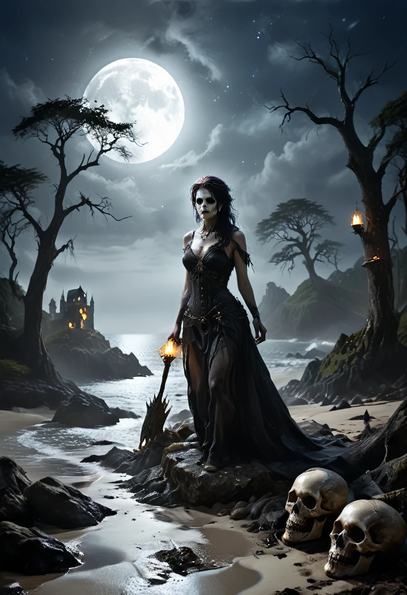 arafed, dark fantasy art, goth art,  an award winning digital picture, National Geographic picture of a dark mysterious island at night, it is night time, a dark island, dark gloomy beach, skull on the beach, some large ancient trees, a dark castle, lit with torches, necromancy magic, full moon, some stars,  Ultra-high resolution, High Contrast, (masterpiece:1.5), highest quality, Best aesthetics), 16K fantasy art, best details, best quality, highres, (ultra wide angle: 1.2), 16k, [ultra detailed], masterpiece, best quality, (extremely detailed), ladyshadow, dark fantasy