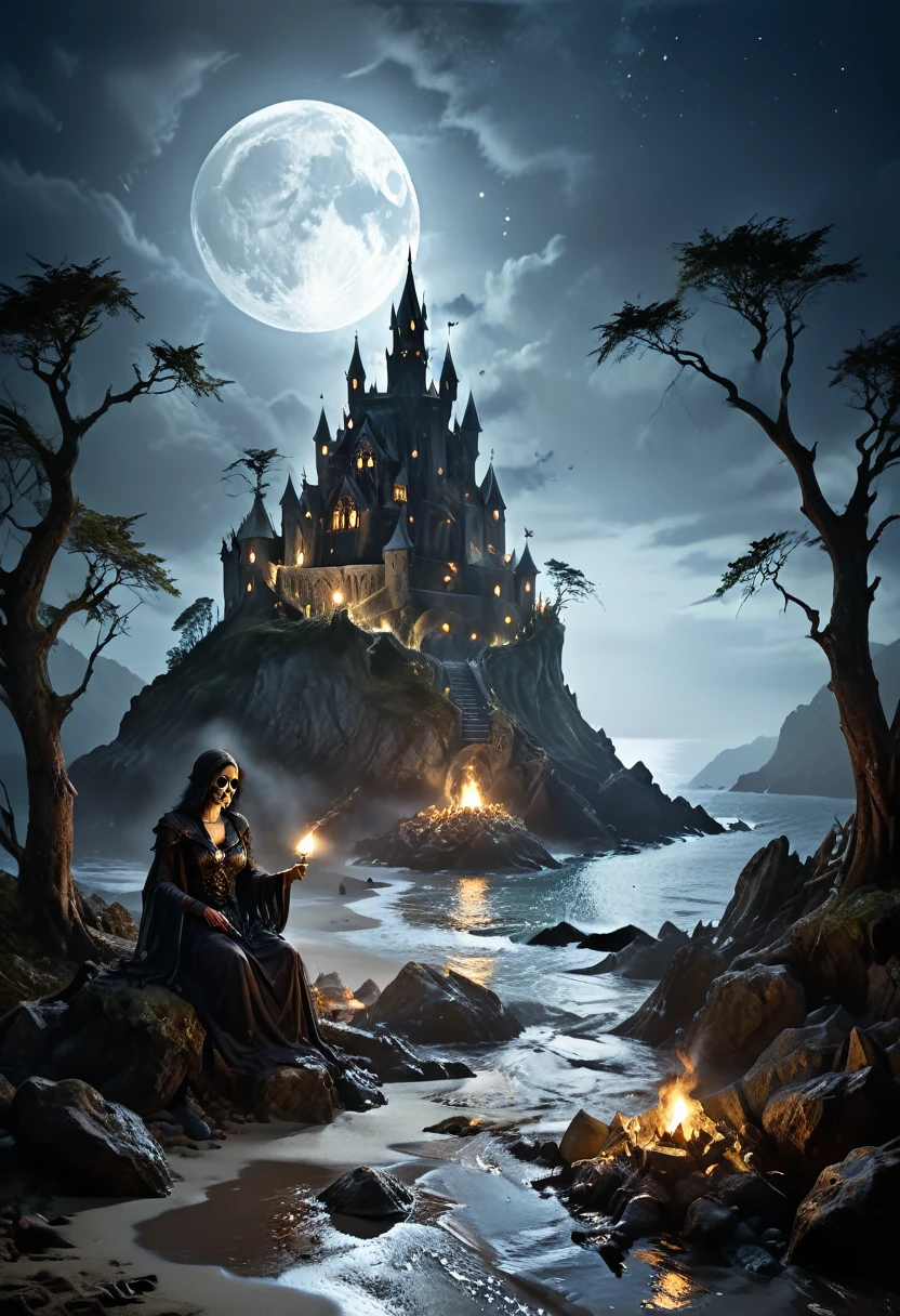 arafed, dark fantasy art, goth art,  an award winning digital picture, National Geographic picture of a dark mysterious island at night, it is night time, a dark island, dark gloomy beach, skull on the beach, some large ancient trees, a dark castle, lit with torches, necromancy magic, full moon, some stars,  Ultra-high resolution, High Contrast, (masterpiece:1.5), highest quality, Best aesthetics), 16K fantasy art, best details, best quality, highres, (ultra wide angle: 1.2), 16k, [ultra detailed], masterpiece, best quality, (extremely detailed), ladyshadow, dark fantasy