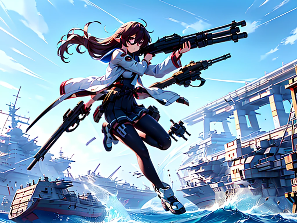 (((masterpiece, Vision))), ((((Full body of a woman with perfect flat chest、1 Female、solo、Short unkempt black hair、Tie your messy hair at the nape of your neck、white military jacket、Miko costume、black tights、Black glasses are black、White military cap、Cloudy black eyes、Confused eyes、Junyo-inspired emblem、Ship-style boots)))), (((Shipgirl))), ((Floating on the morning sea with both feet)), (Standing with your legs apart)), Aim, (Hold the shotgun turret grip with your right hand), (Four mechanical tentacles covered in white armor extend from its back.), (Holding a shotgun with metal tentacles), (Equipped with a bridge on the back), (His left arm holds the grip of a triple-barreled shotgun),