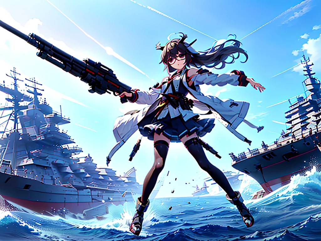(((masterpiece, Vision))), ((((Full body of a woman with perfect flat chest、1 Female、solo、Short unkempt black hair、Tie your messy hair at the nape of your neck、white military jacket、Miko costume、black tights、Black glasses are black、White military cap、Cloudy black eyes、Confused eyes、Junyo-inspired emblem、Ship-style boots)))), (((Shipgirl))), ((Floating on the morning sea with both feet)), (Standing with your legs apart)), Aim, (Hold the shotgun turret grip with your right hand), (Four mechanical tentacles covered in white armor extend from its back.), (Holding a shotgun with metal tentacles), (Equipped with a bridge on the back), (His left arm holds the grip of a triple-barreled shotgun),